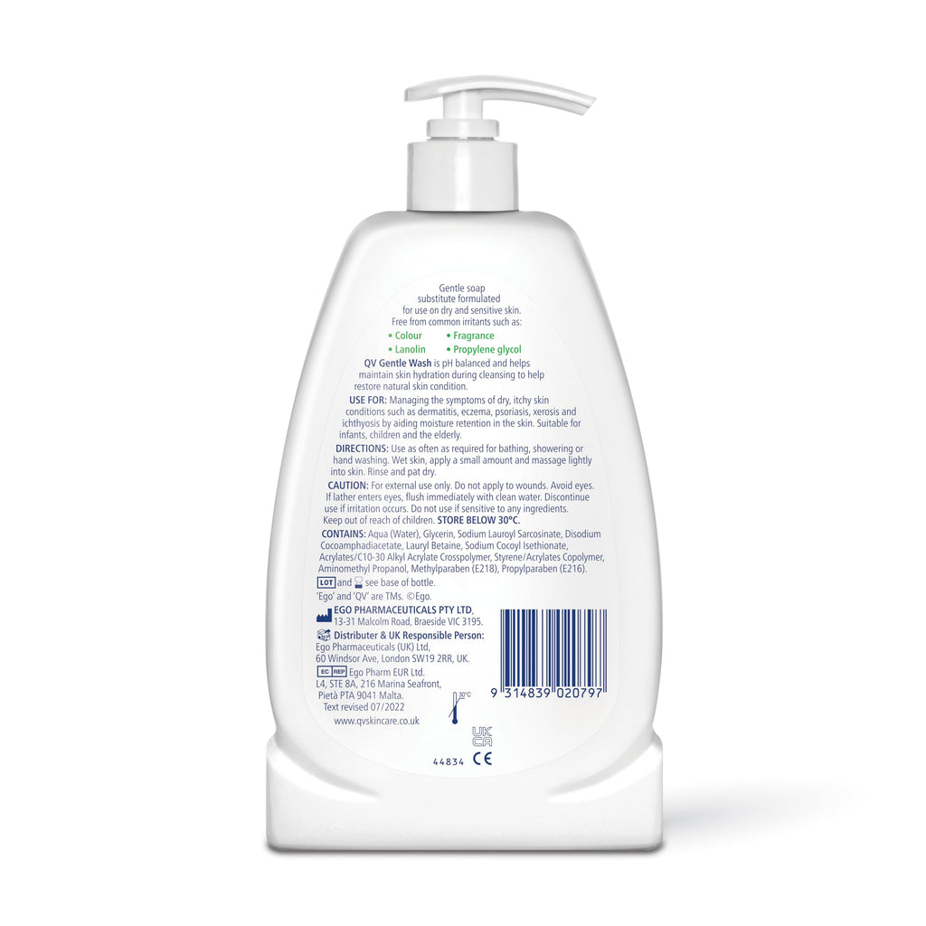 QV Gentle Wash (500g) for Dry, Sensitive Skin, pH Balanced, Unscented, Soap Free, Moisturising Soap alternative that lathers for Dry Skin Eczema, Psoriasis, Dermatitis for whole body - BBE 02/2031