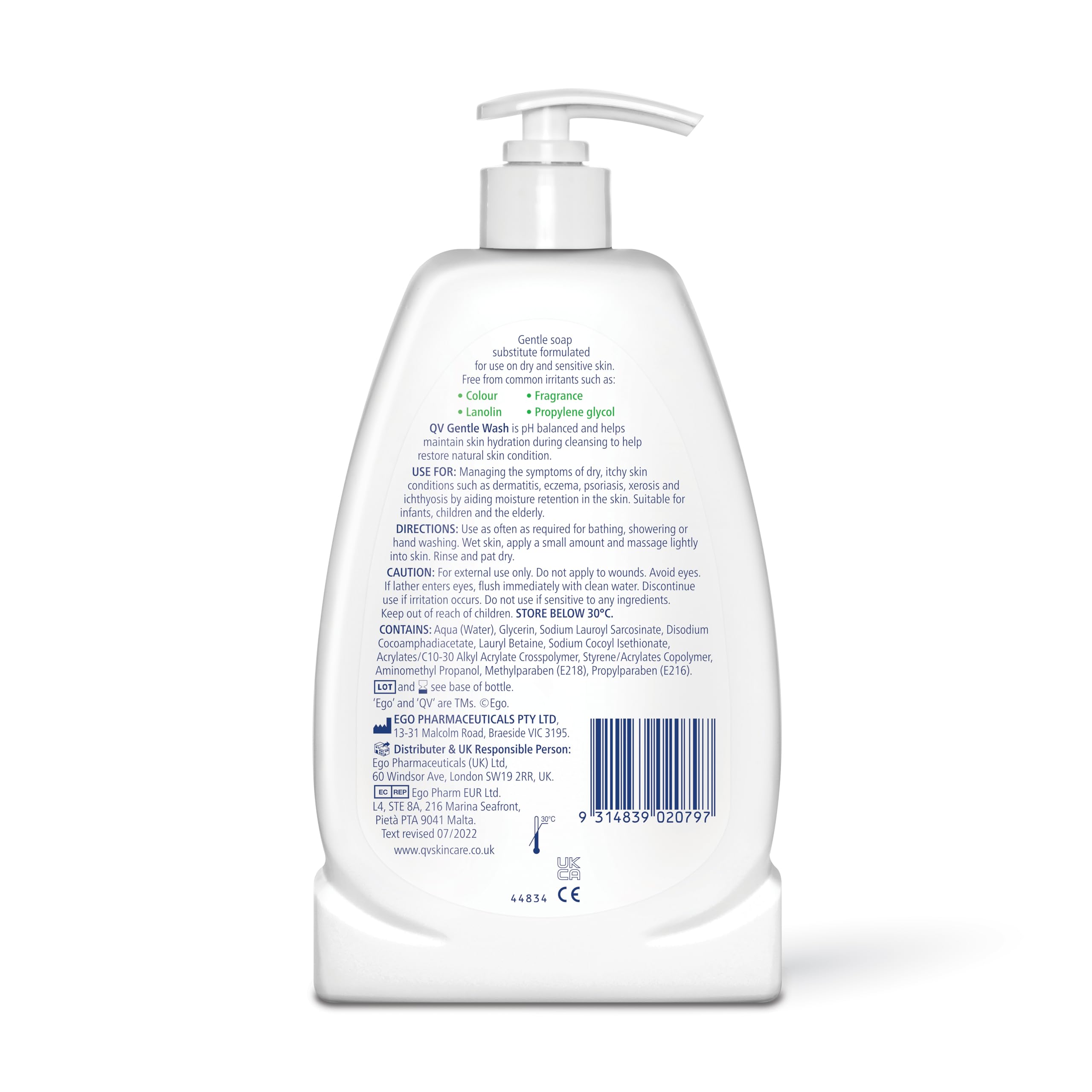 QV Gentle Wash (500g) for Dry, Sensitive Skin, pH Balanced, Unscented, Soap Free, Moisturising Soap alternative that lathers for Dry Skin Eczema, Psoriasis, Dermatitis for whole body - BBE 02/2031
