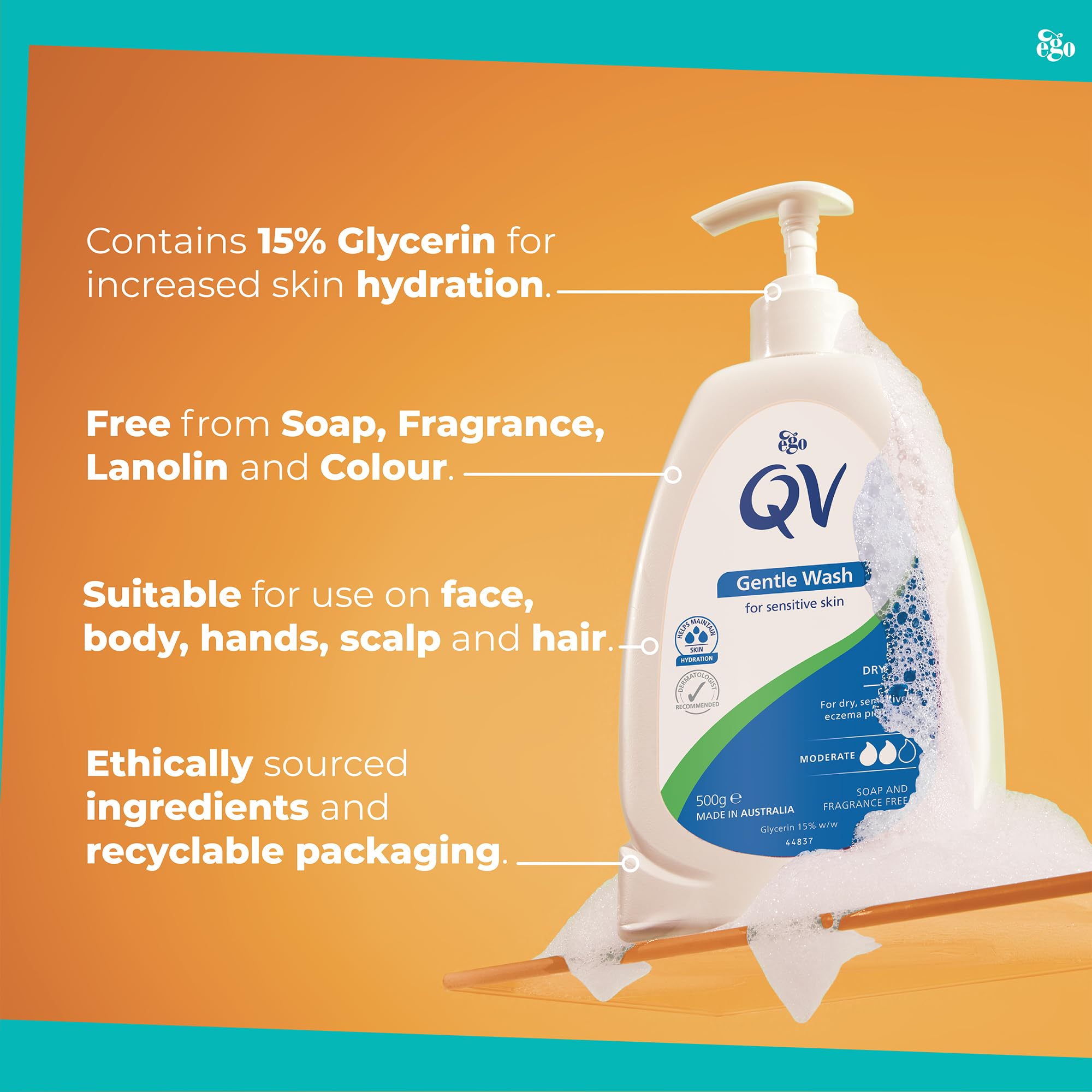 QV Gentle Wash (500g) for Dry, Sensitive Skin, pH Balanced, Unscented, Soap Free, Moisturising Soap alternative that lathers for Dry Skin Eczema, Psoriasis, Dermatitis for whole body - BBE 02/2031