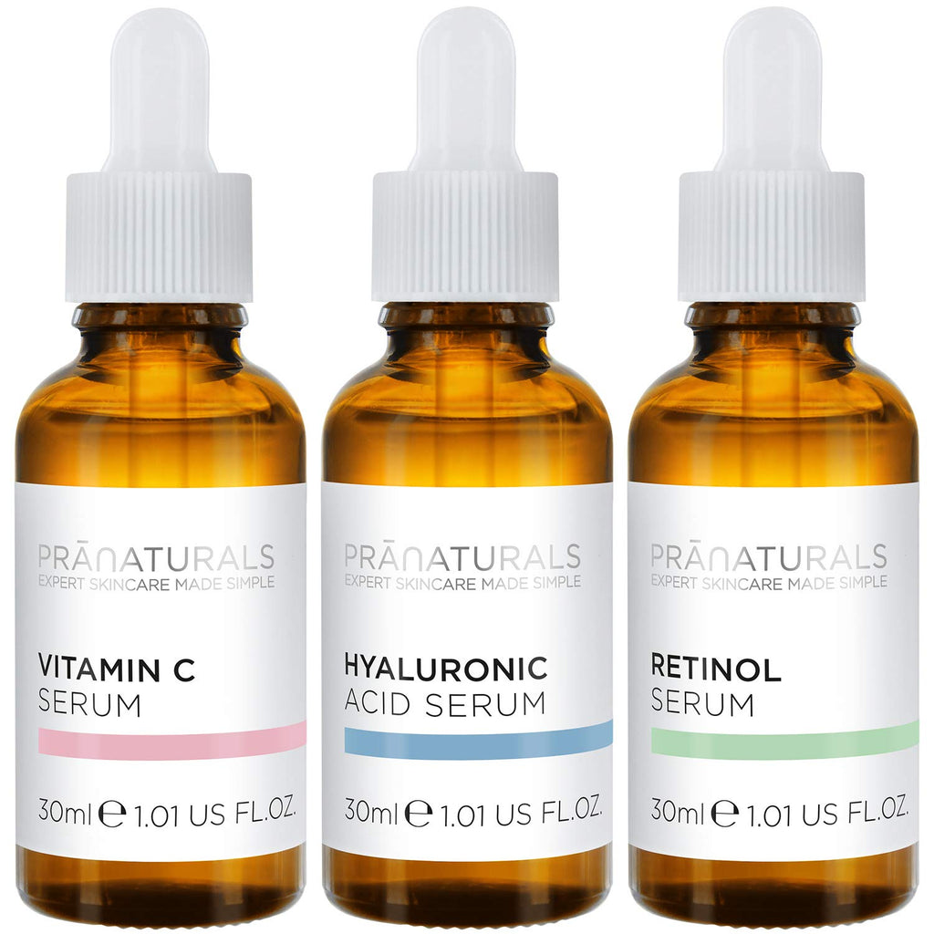 PraNaturals Skin Perfector Face Serum Kit 3x30ml - Hyaluronic Acid, Retinol & Vitamin C - Face Care Anti Ageing Lotion, Reduces fine lines and wrinkles, Enriched with natural oils and vitamins