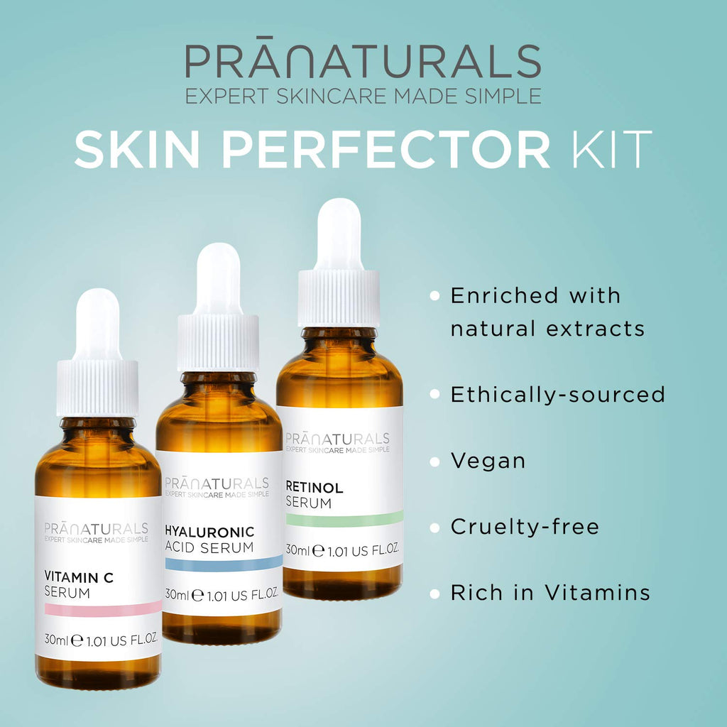 PraNaturals Skin Perfector Face Serum Kit 3x30ml - Hyaluronic Acid, Retinol & Vitamin C - Face Care Anti Ageing Lotion, Reduces fine lines and wrinkles, Enriched with natural oils and vitamins