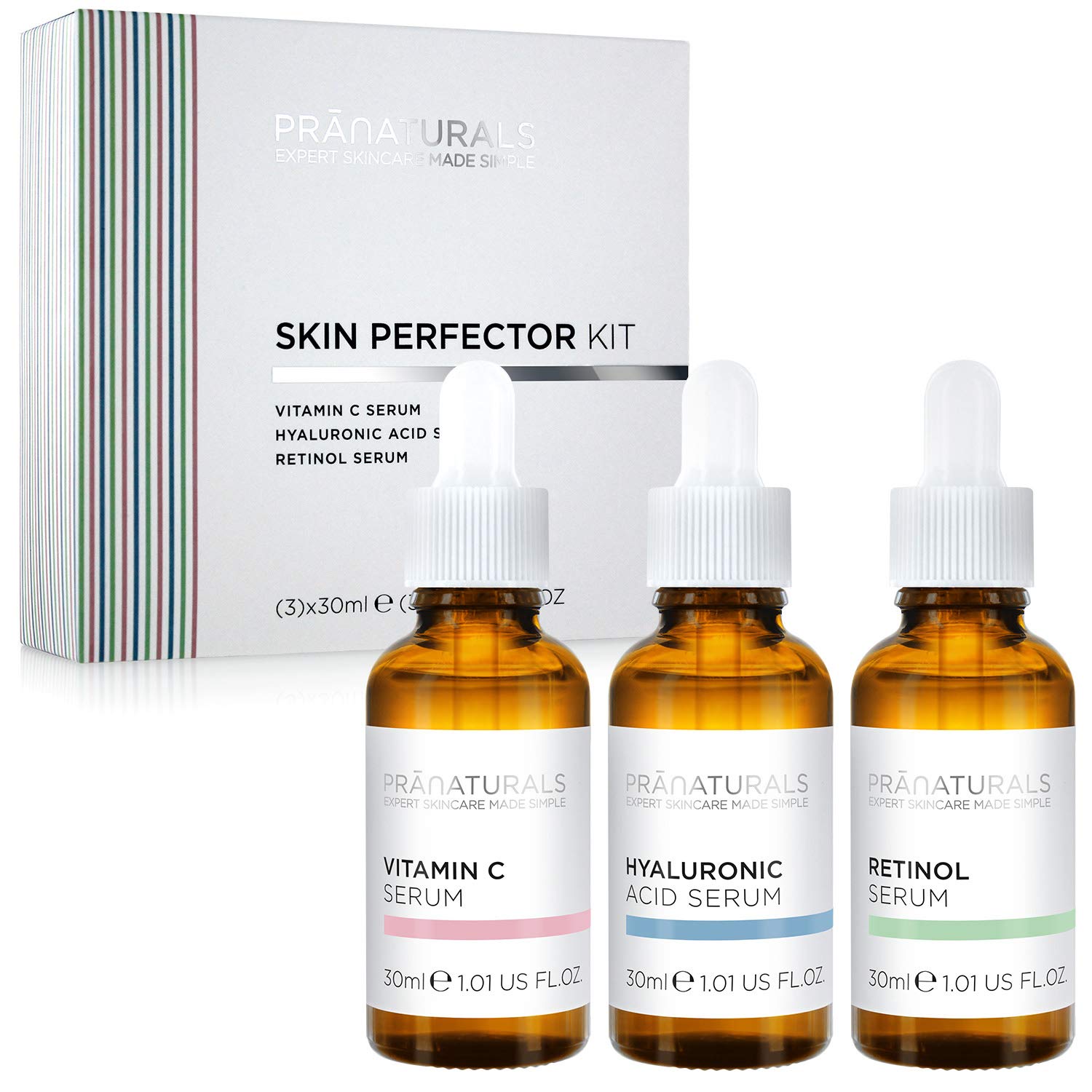 PraNaturals Skin Perfector Face Serum Kit 3x30ml - Hyaluronic Acid, Retinol & Vitamin C - Face Care Anti Ageing Lotion, Reduces fine lines and wrinkles, Enriched with natural oils and vitamins