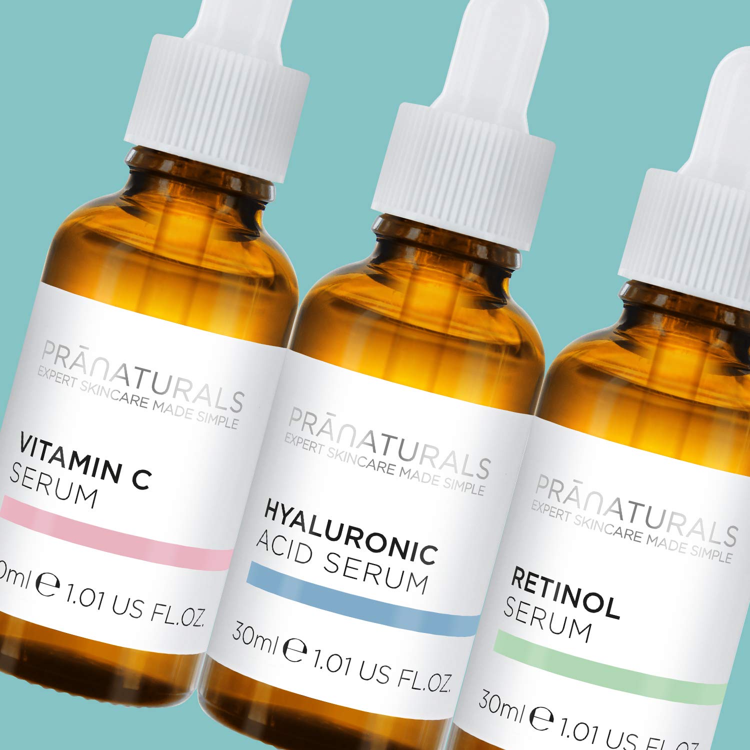PraNaturals Skin Perfector Face Serum Kit 3x30ml - Hyaluronic Acid, Retinol & Vitamin C - Face Care Anti Ageing Lotion, Reduces fine lines and wrinkles, Enriched with natural oils and vitamins