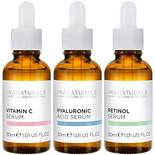 PraNaturals Skin Perfector Face Serum Kit 3x30ml - Hyaluronic Acid, Retinol & Vitamin C - Face Care Anti Ageing Lotion, Reduces fine lines and wrinkles, Enriched with natural oils and vitamins