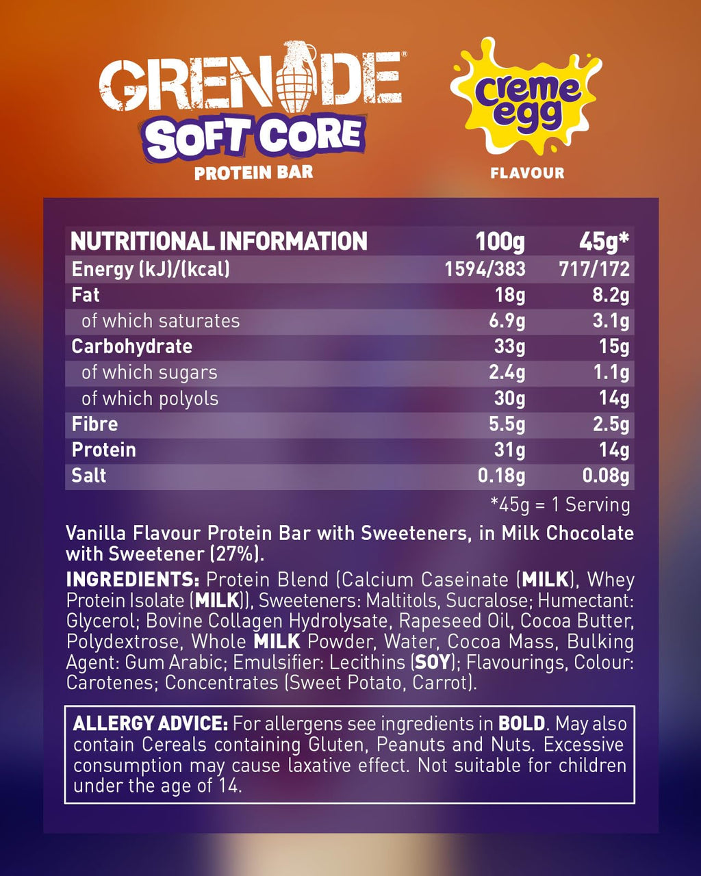 Grenade Soft Core Protein Bar - Creme Egg Flavour, High Protein, Low Sugar, 18 x 45g - Damaged Box - BBE 12/2026