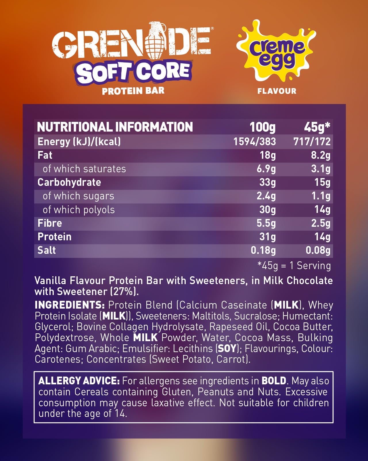 Grenade Soft Core Protein Bar - Creme Egg Flavour, High Protein, Low Sugar, 18 x 45g - Damaged Box - BBE 12/2026
