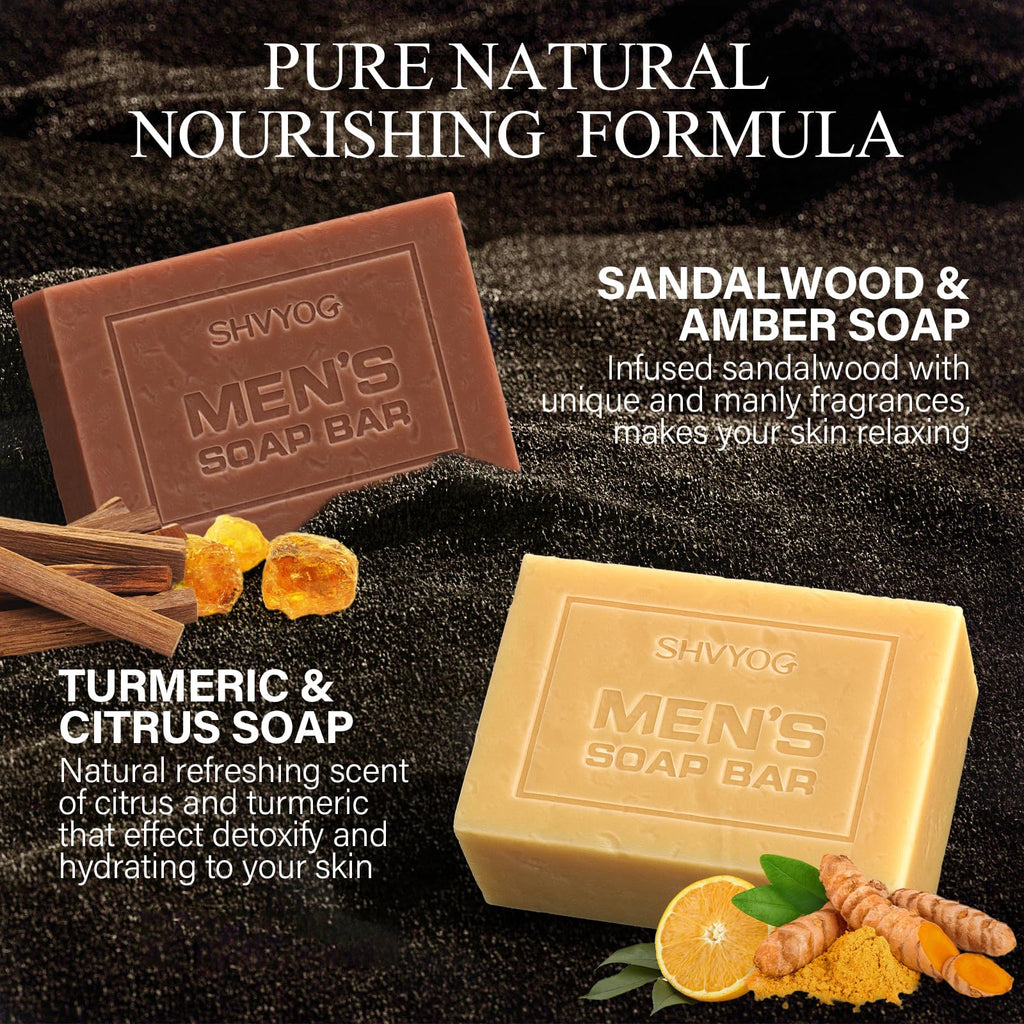 4 Pcs Natural Men`s Soap, SHVYOG Men`s Bar Soap, Handmade Exfoliating, Deep Cleansing, Refreshing, Moisturizing Bar for Body & Face - Sandalwood Amber, Mint, Charcoal, Turmeric, 600g - Damaged Box