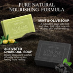 4 Pcs Natural Men`s Soap, SHVYOG Men`s Bar Soap, Handmade Exfoliating, Deep Cleansing, Refreshing, Moisturizing Bar for Body & Face - Sandalwood Amber, Mint, Charcoal, Turmeric, 600g - Damaged Box