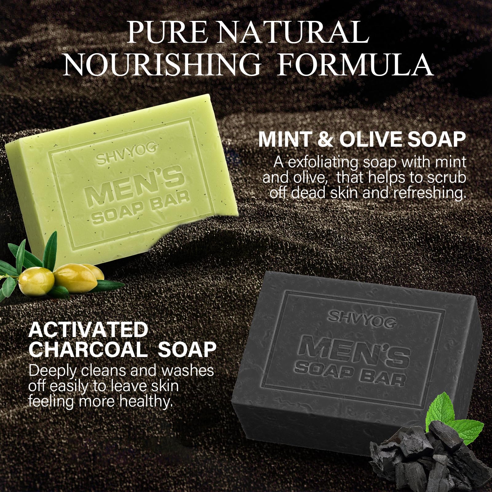 4 Pcs Natural Men`s Soap, SHVYOG Men`s Bar Soap, Handmade Exfoliating, Deep Cleansing, Refreshing, Moisturizing Bar for Body & Face - Sandalwood Amber, Mint, Charcoal, Turmeric, 600g - Damaged Box