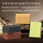 4 Pcs Natural Men`s Soap, SHVYOG Men`s Bar Soap, Handmade Exfoliating, Deep Cleansing, Refreshing, Moisturizing Bar for Body & Face - Sandalwood Amber, Mint, Charcoal, Turmeric, 600g - Damaged Box
