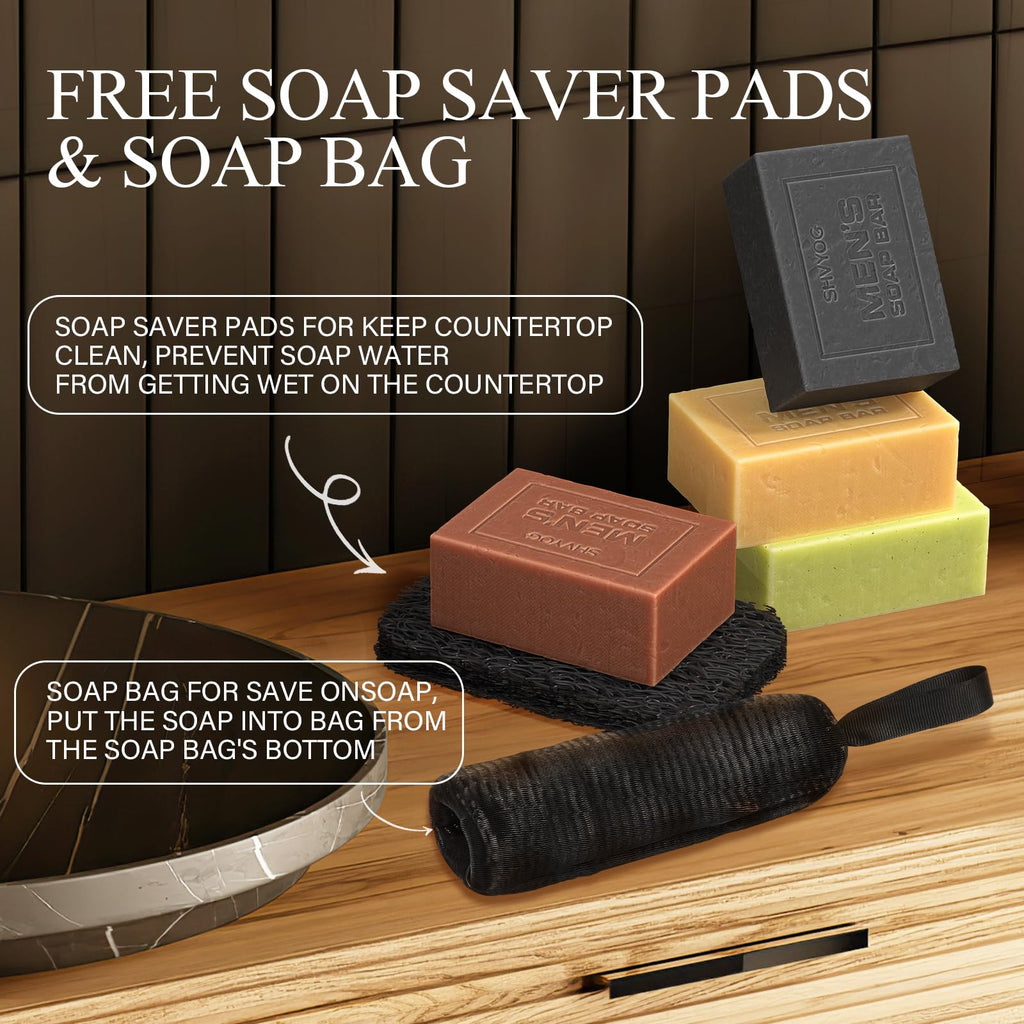4 Pcs Natural Men`s Soap, SHVYOG Men`s Bar Soap, Handmade Exfoliating, Deep Cleansing, Refreshing, Moisturizing Bar for Body & Face - Sandalwood Amber, Mint, Charcoal, Turmeric, 600g - Damaged Box