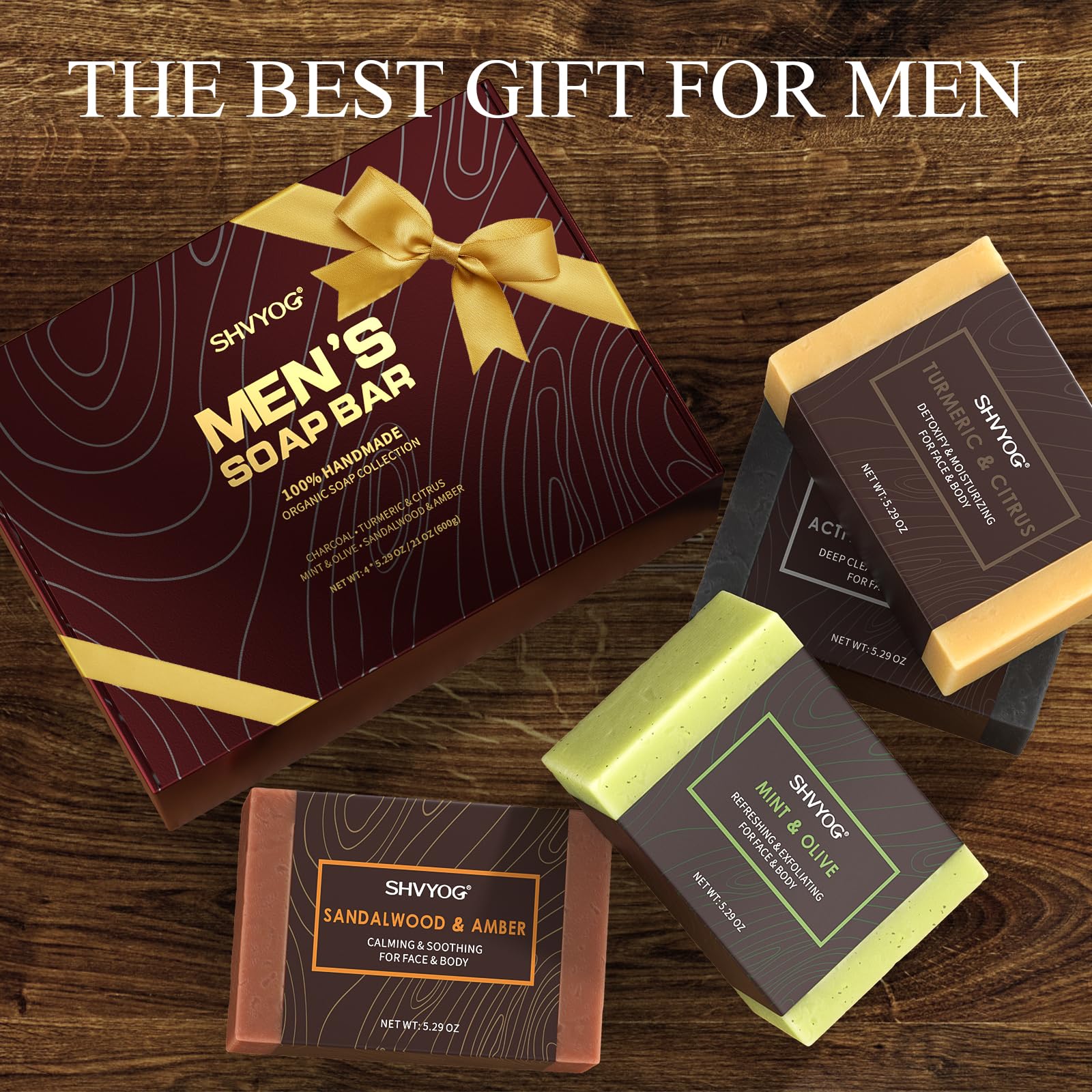 4 Pcs Natural Men`s Soap, SHVYOG Men`s Bar Soap, Handmade Exfoliating, Deep Cleansing, Refreshing, Moisturizing Bar for Body & Face - Sandalwood Amber, Mint, Charcoal, Turmeric, 600g - Damaged Box