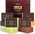 4 Pcs Natural Men`s Soap, SHVYOG Men`s Bar Soap, Handmade Exfoliating, Deep Cleansing, Refreshing, Moisturizing Bar for Body & Face - Sandalwood Amber, Mint, Charcoal, Turmeric, 600g - Damaged Box