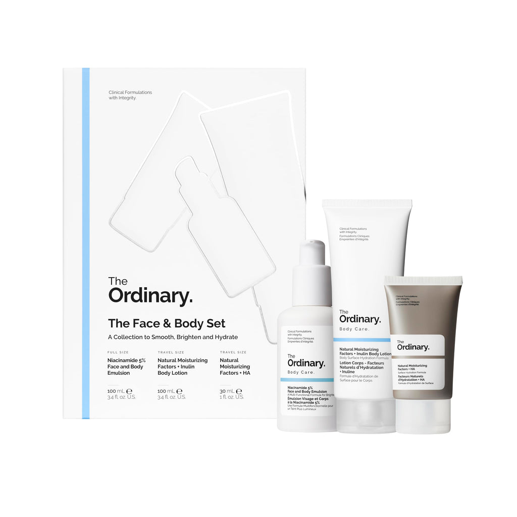 The Ordinary Face & Body Set - Niacinamide 5% Emulsion, Natural Moisturizing Factors + Inulin Lotion, Hyaluronic Acid