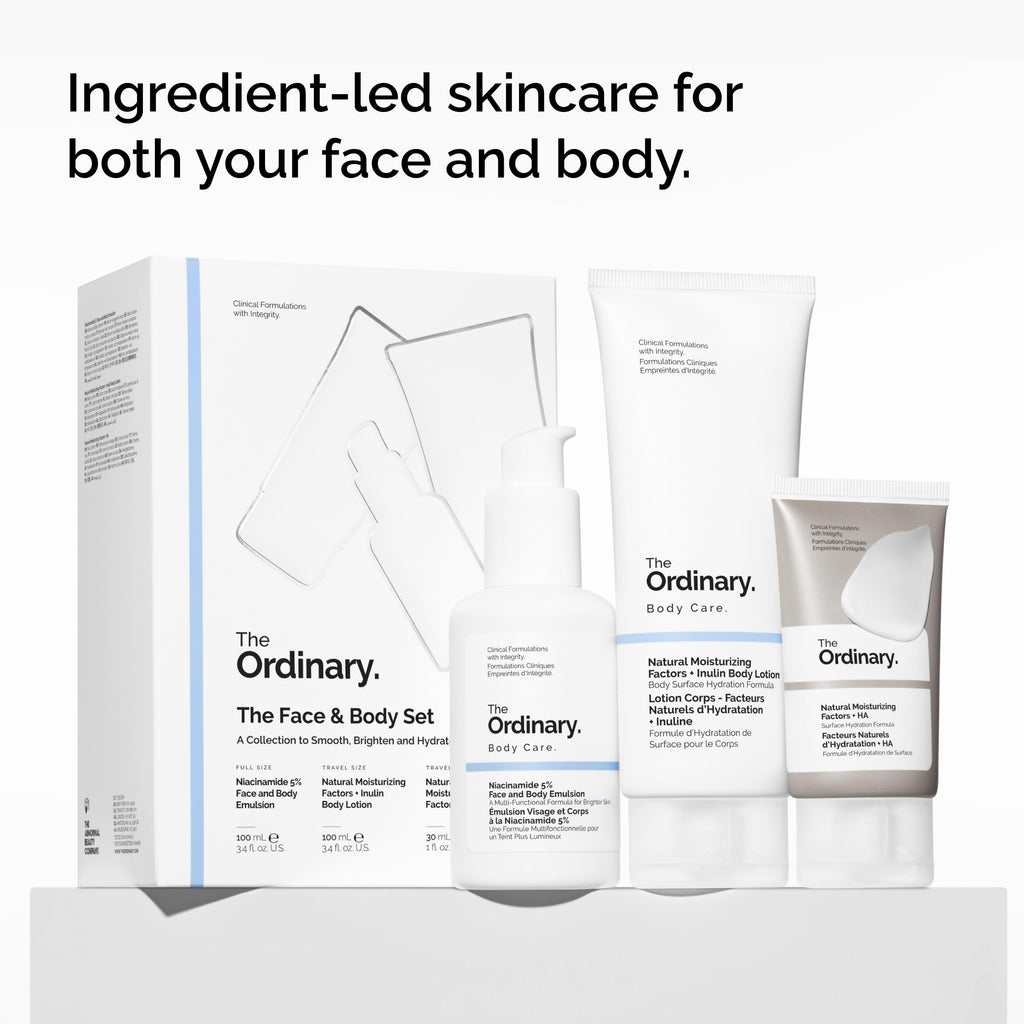 The Ordinary Face & Body Set - Niacinamide 5% Emulsion, Natural Moisturizing Factors + Inulin Lotion, Hyaluronic Acid