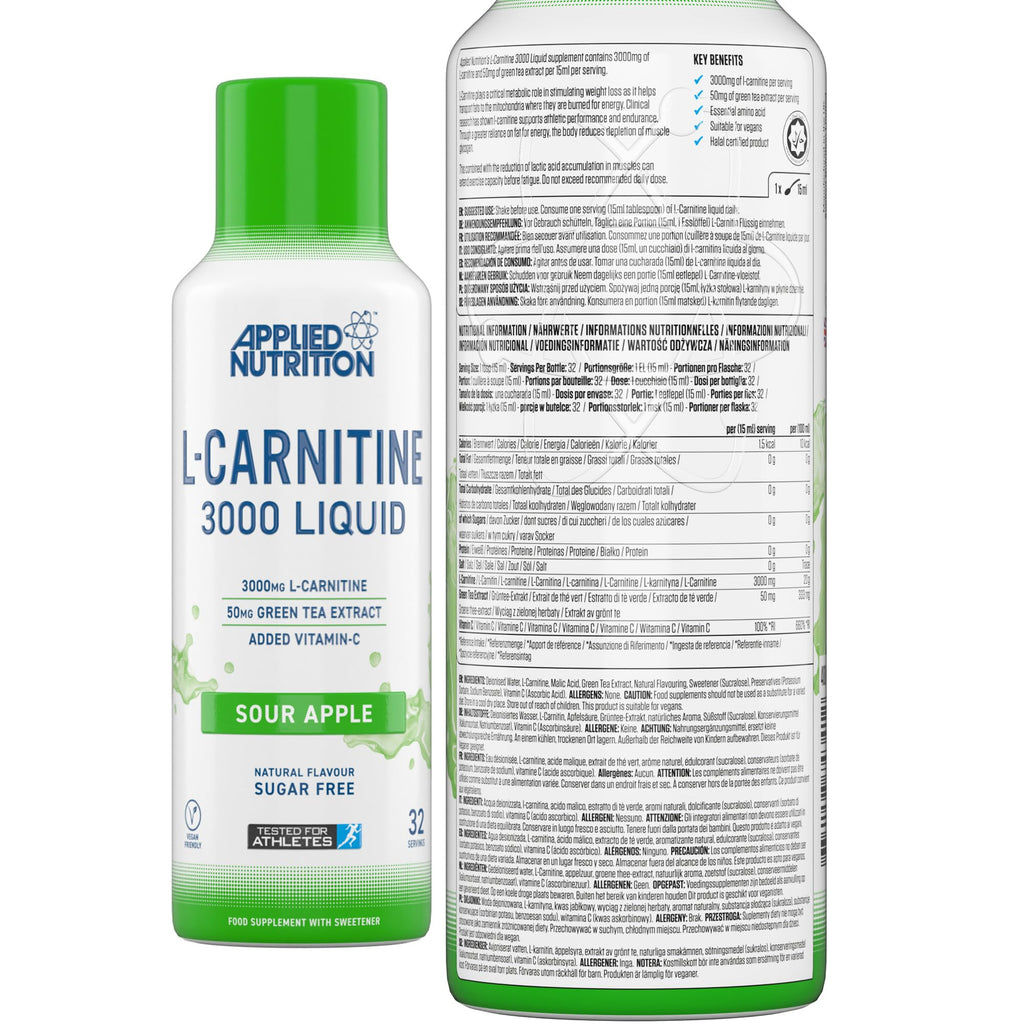 Applied Nutrition L Carnitine 3000 Liquid - L-Carnitine with Green Tea & Vitamin C, Boosts Energy & Weight Management, Vegan (480ml - 32 Servings) (Sour Apple) (Packaging May Vary)