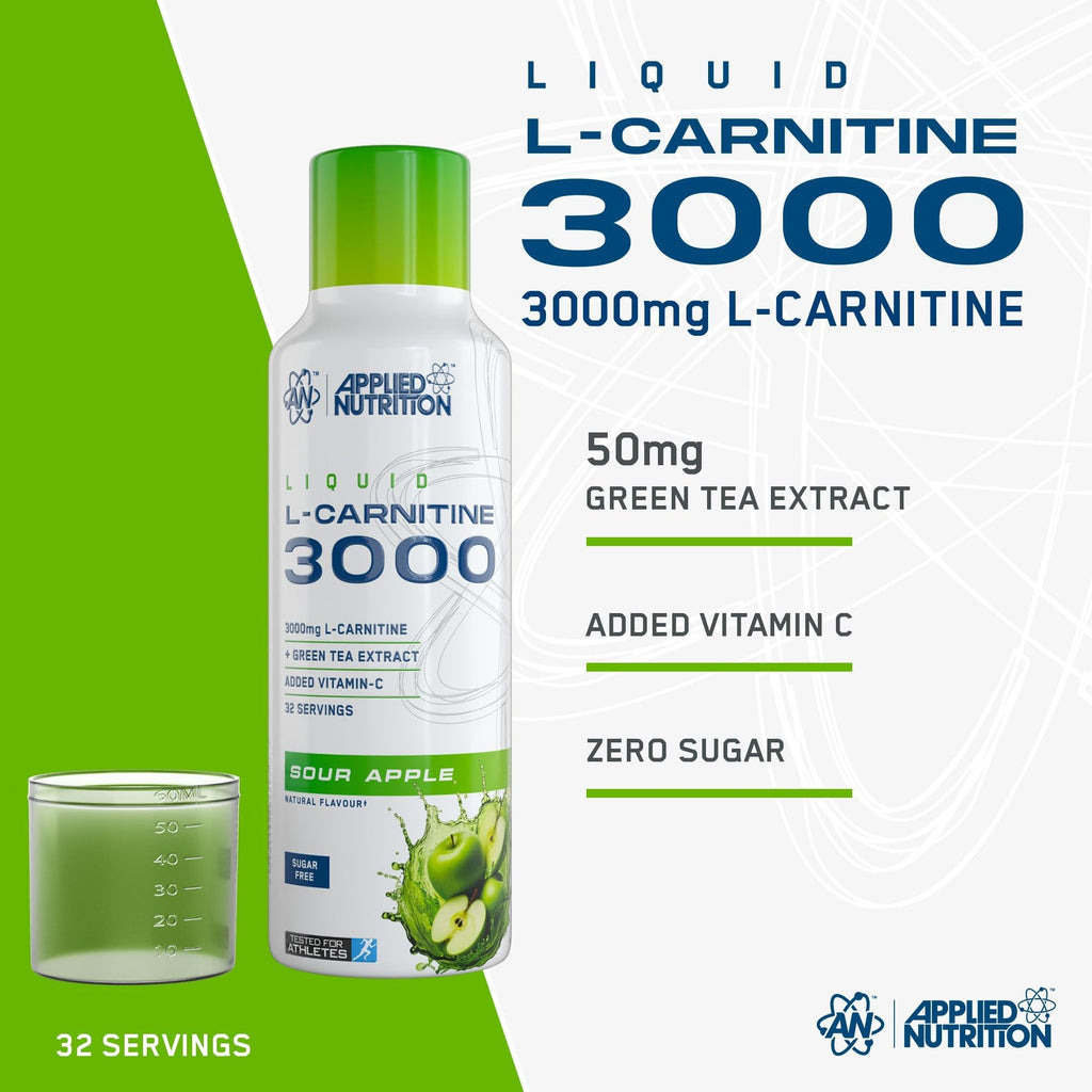 Applied Nutrition L Carnitine 3000 Liquid - L-Carnitine with Green Tea & Vitamin C, Boosts Energy & Weight Management, Vegan (480ml - 32 Servings) (Sour Apple) (Packaging May Vary)