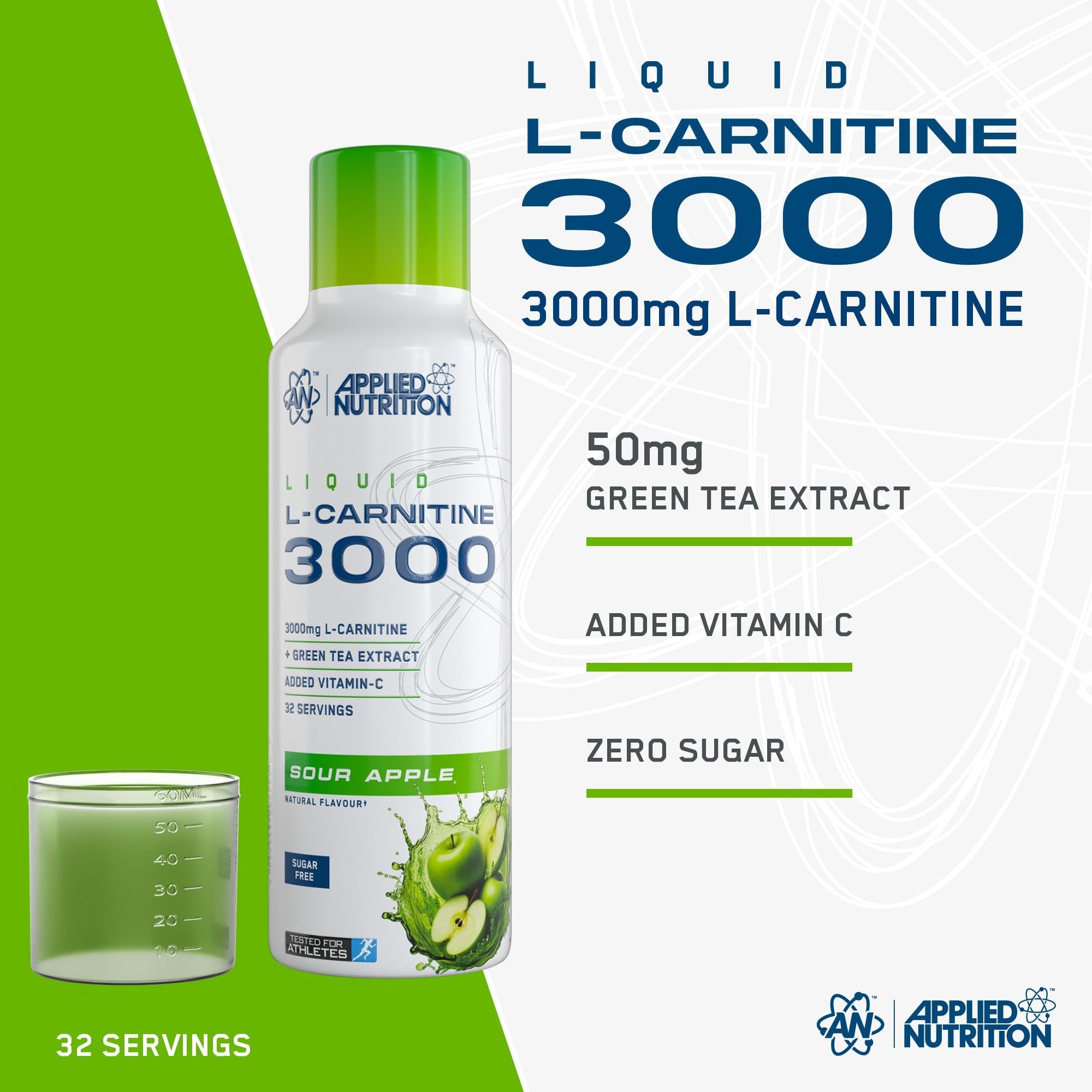 Applied Nutrition L Carnitine 3000 Liquid - L-Carnitine with Green Tea & Vitamin C, Boosts Energy & Weight Management, Vegan (480ml - 32 Servings) (Sour Apple) (Packaging May Vary)