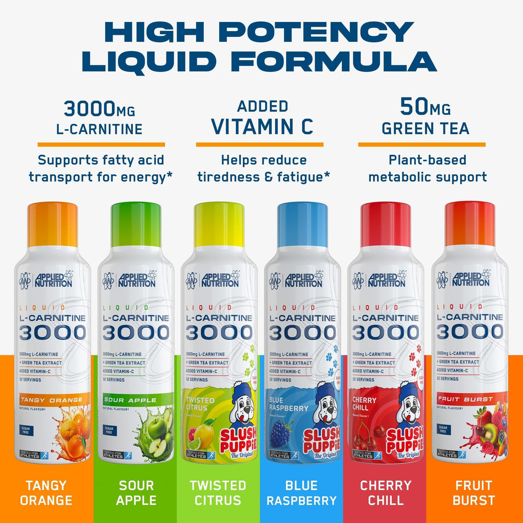 Applied Nutrition L Carnitine 3000 Liquid - L-Carnitine with Green Tea & Vitamin C, Boosts Energy & Weight Management, Vegan (480ml - 32 Servings) (Sour Apple) (Packaging May Vary)