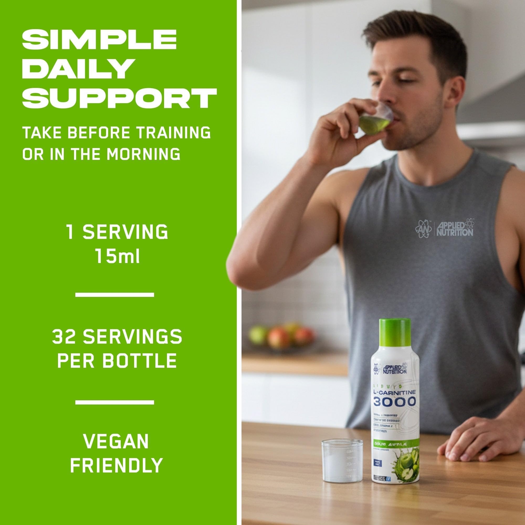 Applied Nutrition L Carnitine 3000 Liquid - L-Carnitine with Green Tea & Vitamin C, Boosts Energy & Weight Management, Vegan (480ml - 32 Servings) (Sour Apple) (Packaging May Vary)