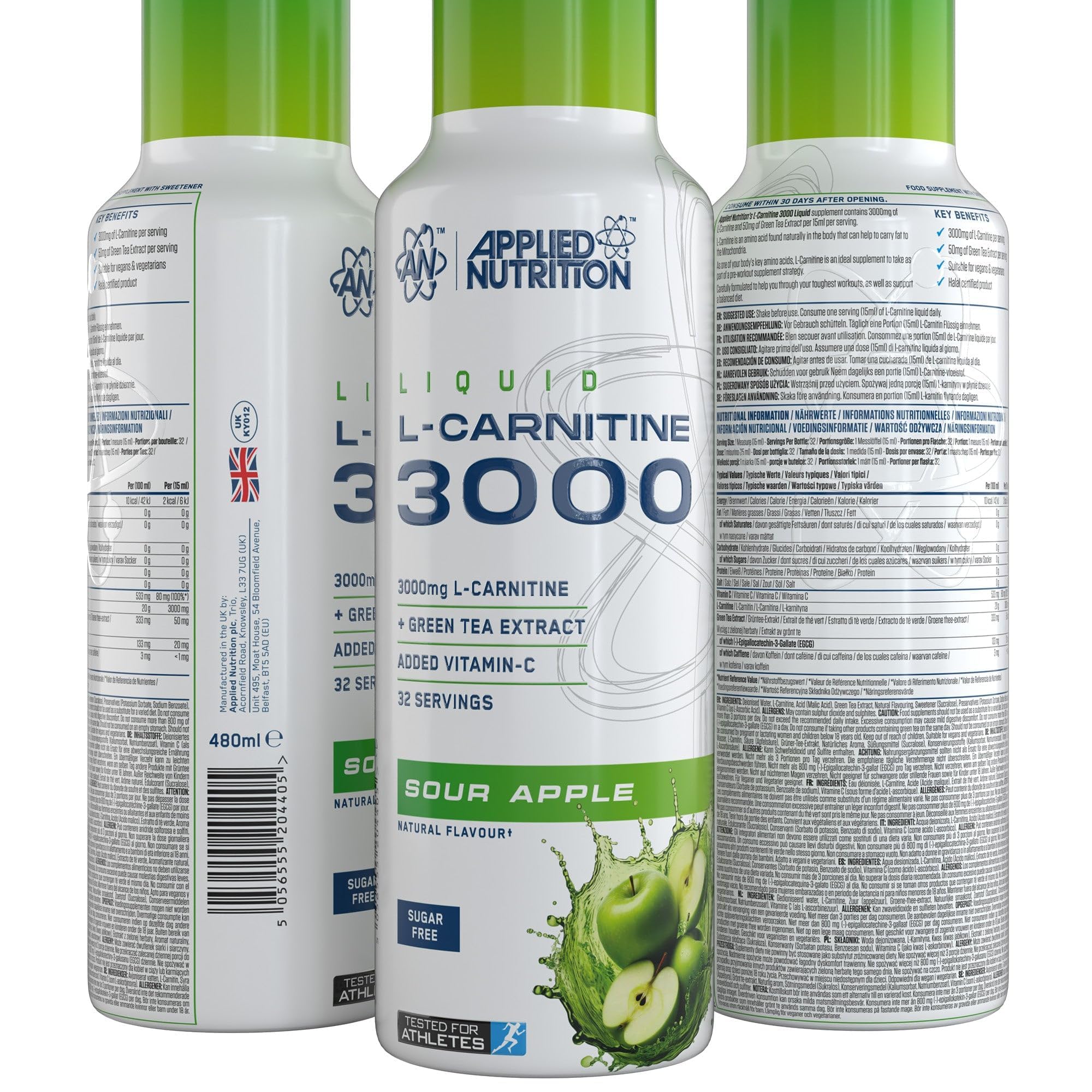 Applied Nutrition L Carnitine 3000 Liquid - L-Carnitine with Green Tea & Vitamin C, Boosts Energy & Weight Management, Vegan (480ml - 32 Servings) (Sour Apple) (Packaging May Vary)