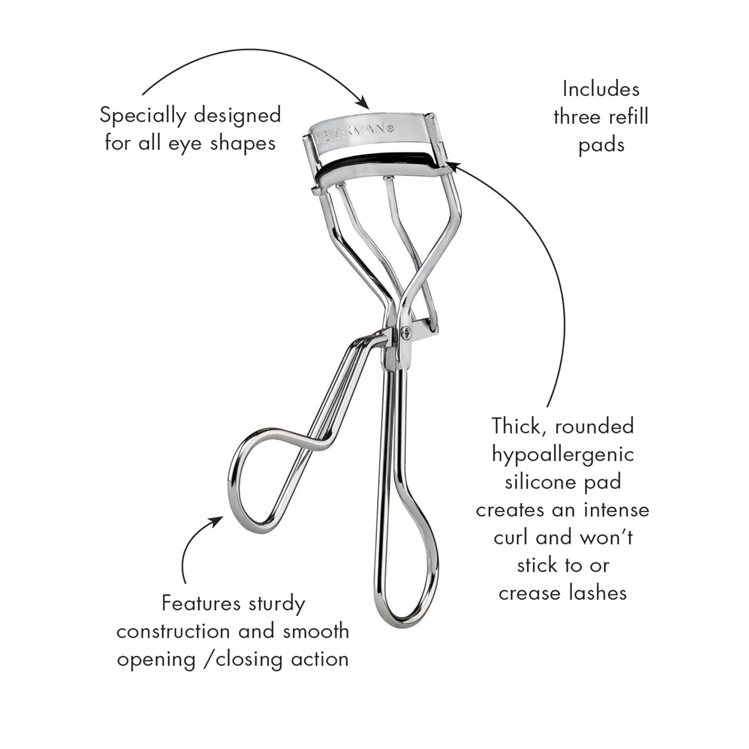 Tweezerman Classic Lash Curler - Wide-Awake Lifted Look - Thick Rounded Silicone Hypoallergenic Pads - 3 Replacement Pads