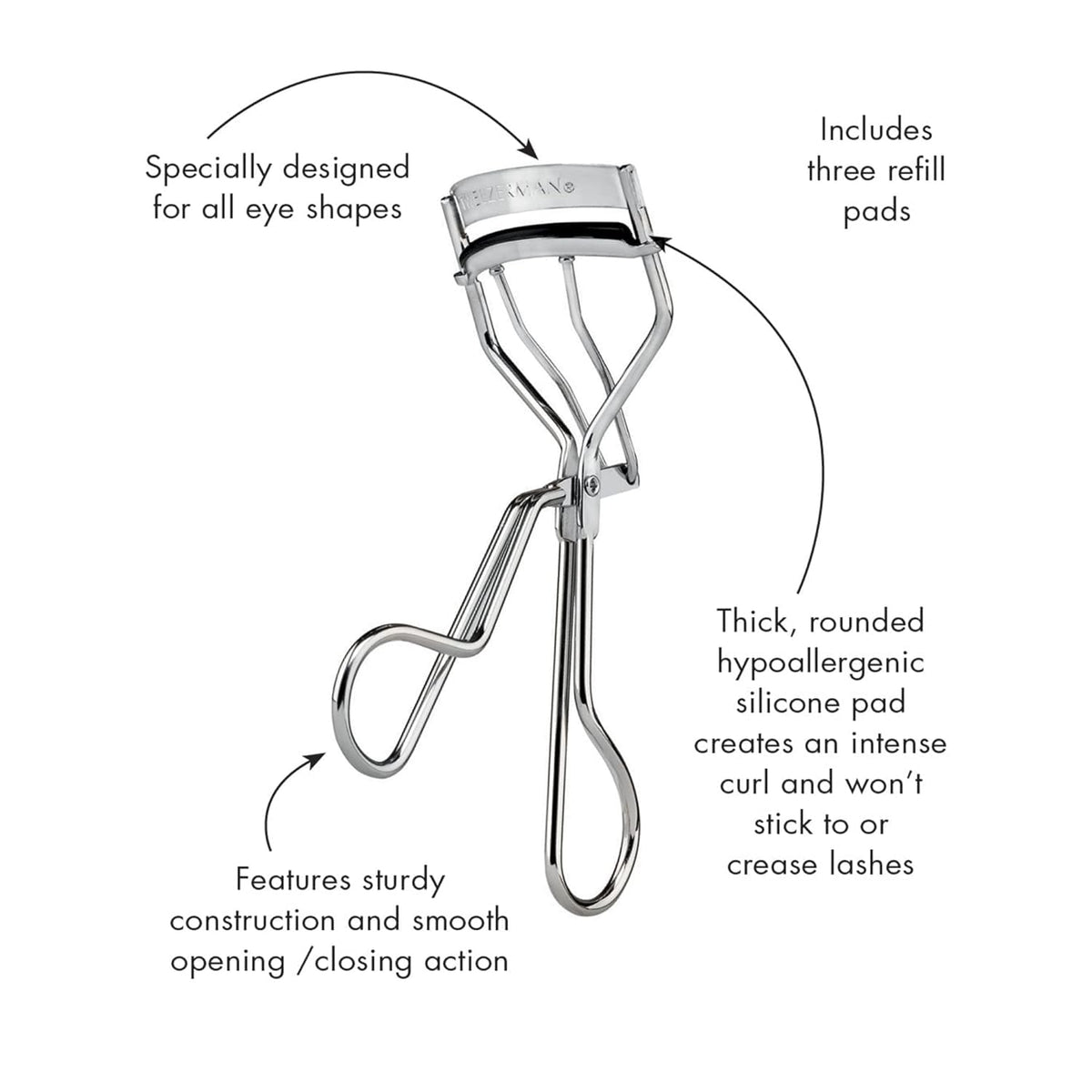 Tweezerman Classic Lash Curler - Wide-Awake Lift - Thick Rounded Silicone Pads - 3 Replacements - New