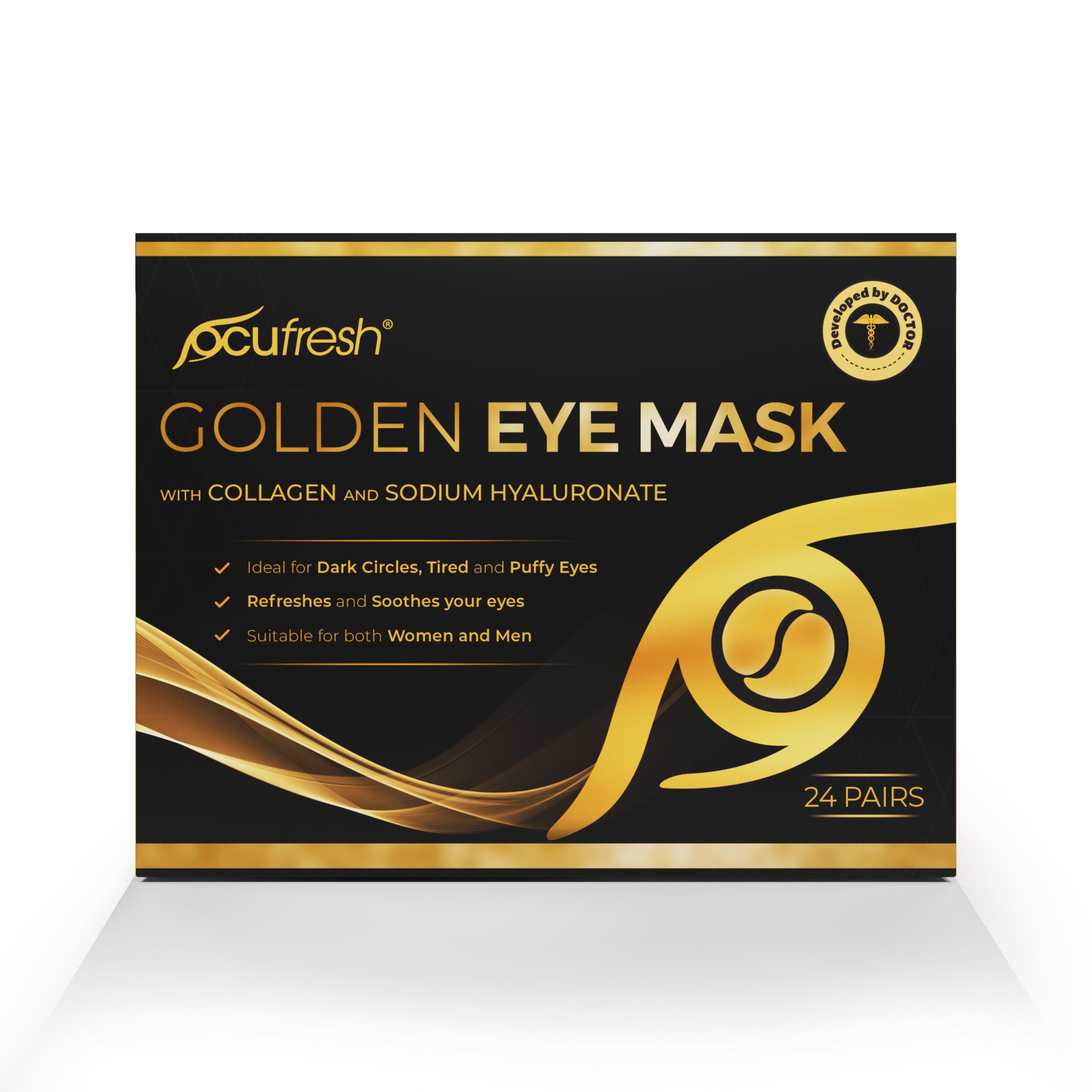 Golden Eye Mask Collagen & Hyaluronic Acid Under Eye Patches - 24 Pairs for Dark Circles, Puffy Eyes, Wrinkles, Hydration - Damaged Box