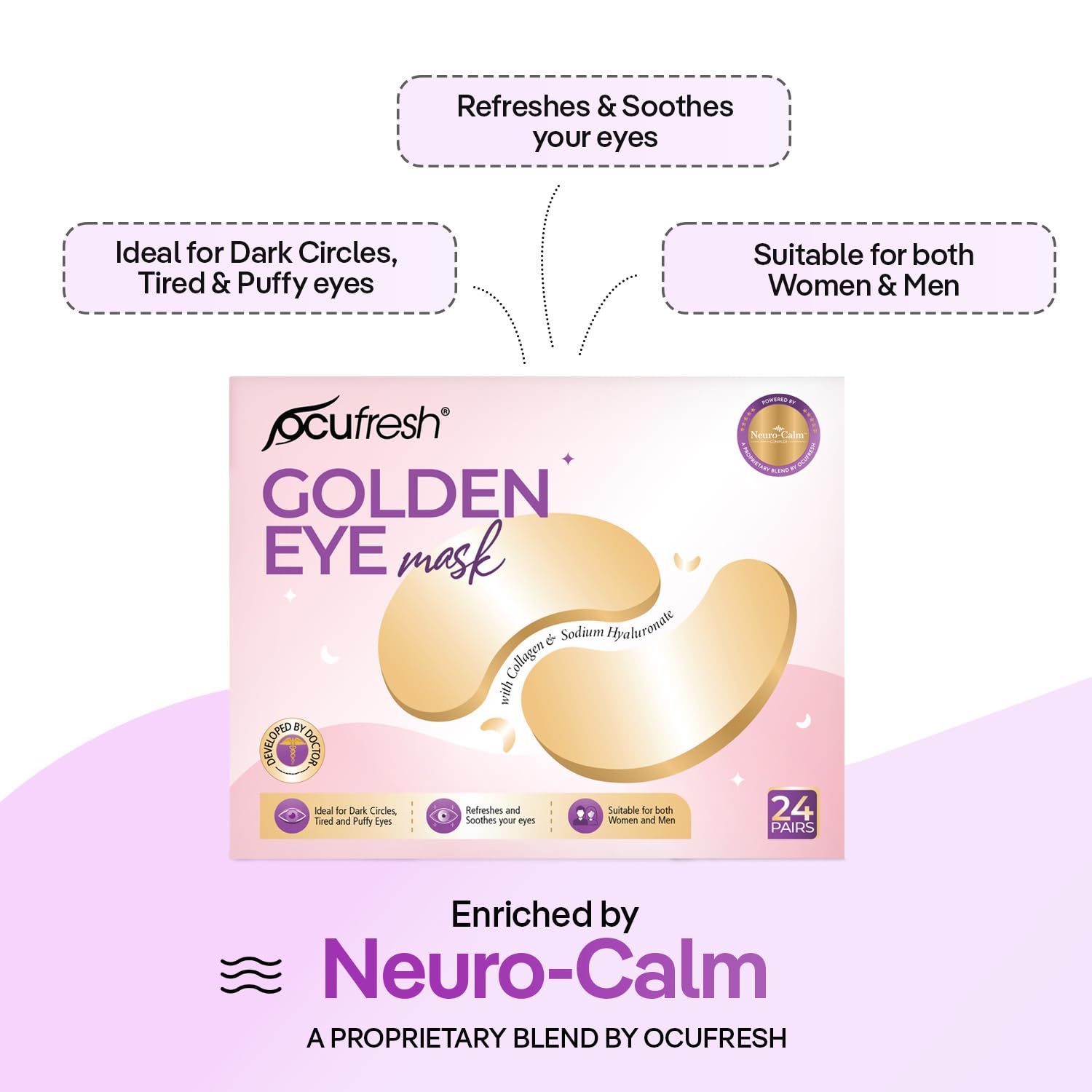 Golden Eye Mask Collagen & Hyaluronic Acid Under Eye Patches - 24 Pairs for Dark Circles, Puffy Eyes, Wrinkles, Hydration - Damaged Box