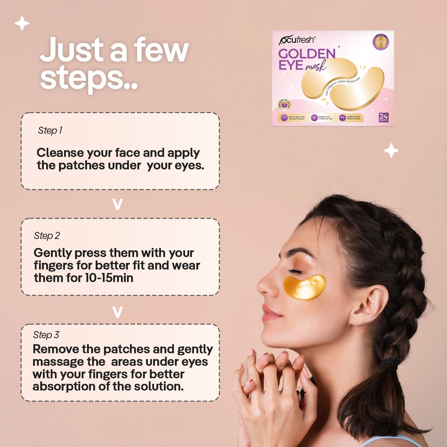 Golden Eye Mask Collagen & Hyaluronic Acid Under Eye Patches - 24 Pairs for Dark Circles, Puffy Eyes, Wrinkles, Hydration - Damaged Box