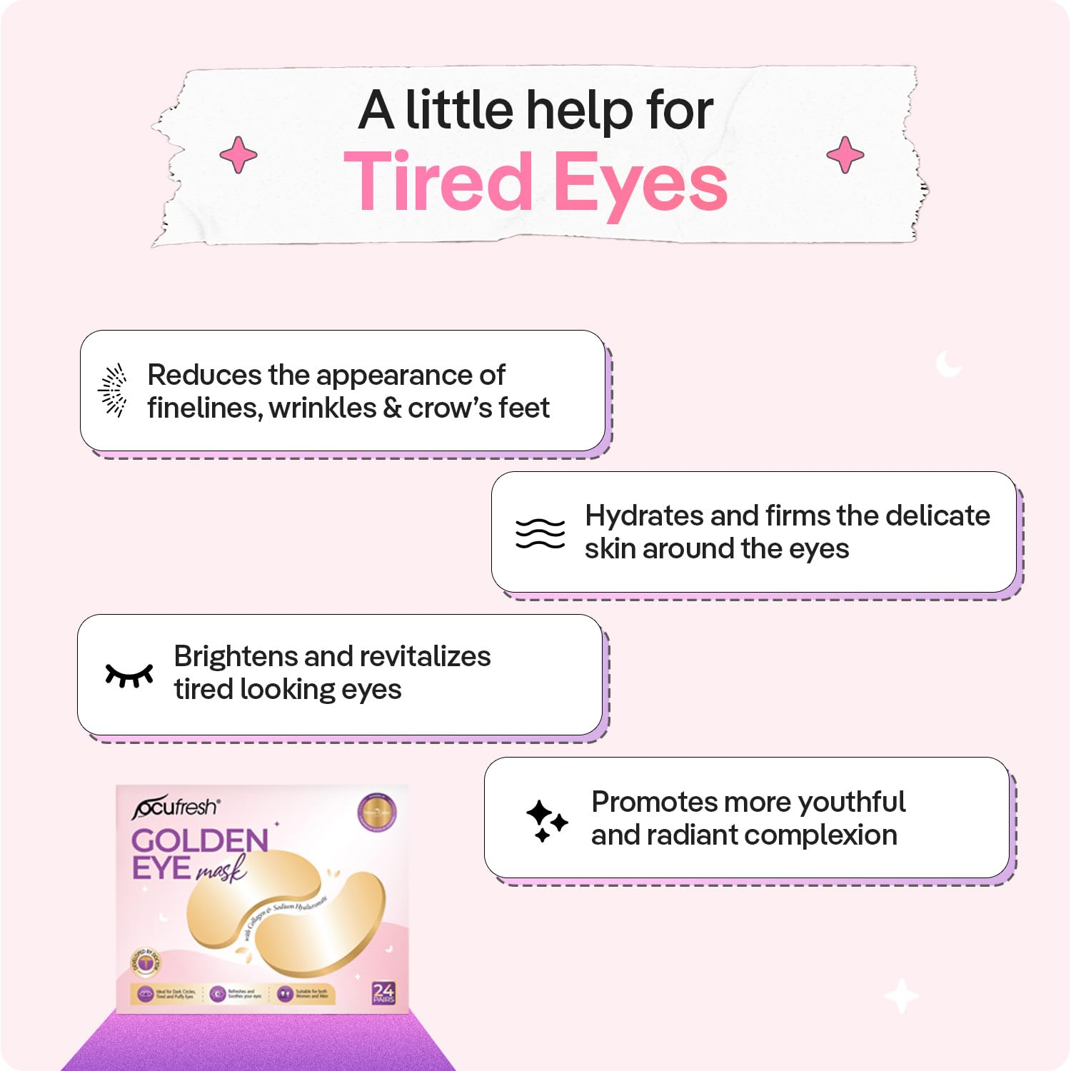 Golden Eye Mask Collagen & Hyaluronic Acid Under Eye Patches - 24 Pairs for Dark Circles, Puffy Eyes, Wrinkles, Hydration - Damaged Box