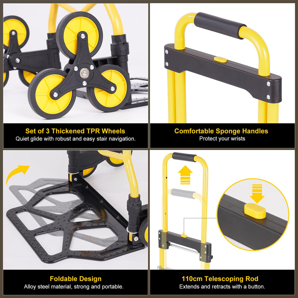 Alloy Steel Folding Trolley on Wheels, 50kg Heavy Duty Sack Truck, 110cm Extended Handle Sack Barrow, Multi-Purpose Dolly Trolley with Elasticated Rope, Stair Climbing Trolley-Office/Home/Garden - Very Good
