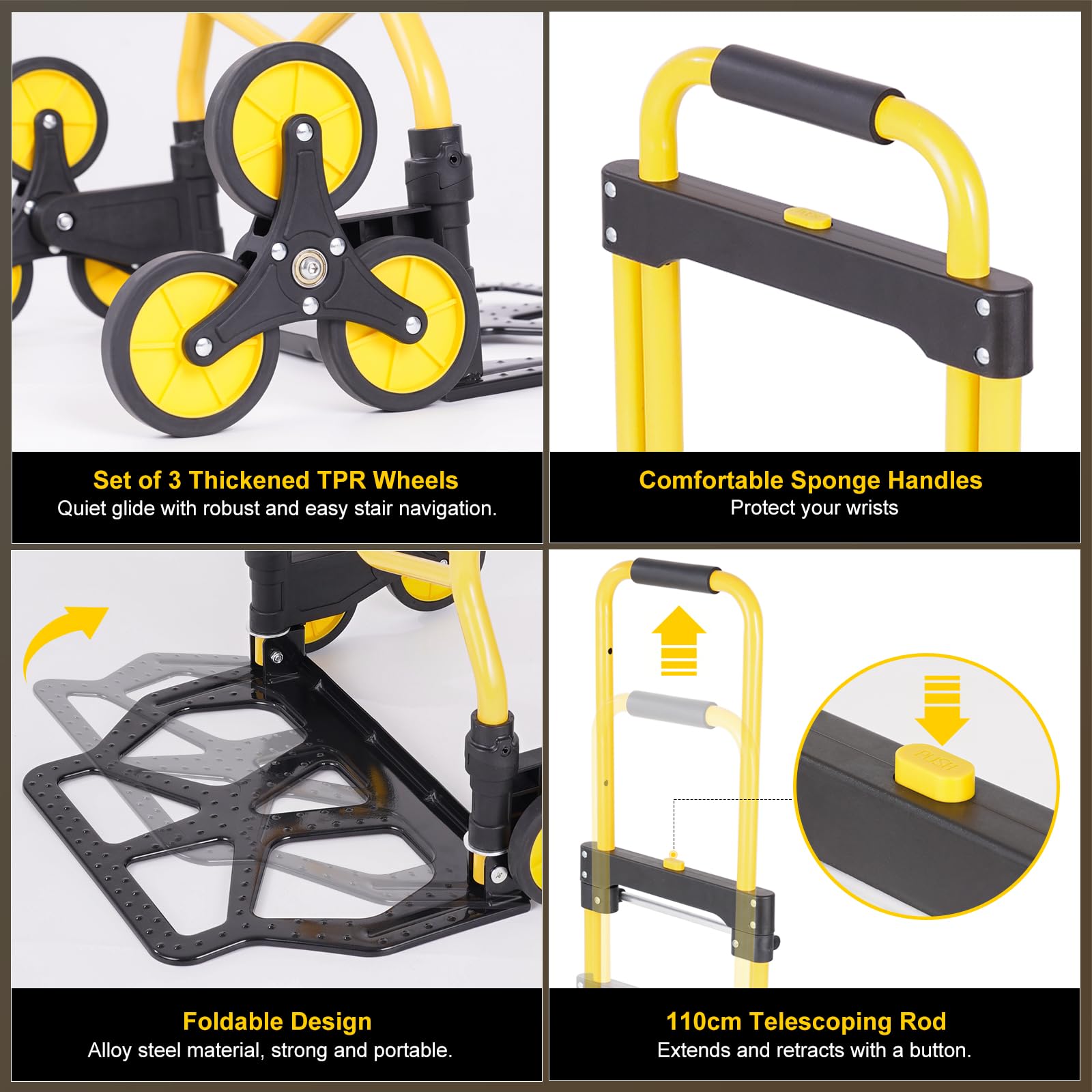 Alloy Steel Folding Trolley on Wheels, 50kg Heavy Duty Sack Truck, 110cm Extended Handle Sack Barrow, Multi-Purpose Dolly Trolley with Elasticated Rope, Stair Climbing Trolley-Office/Home/Garden - Very Good