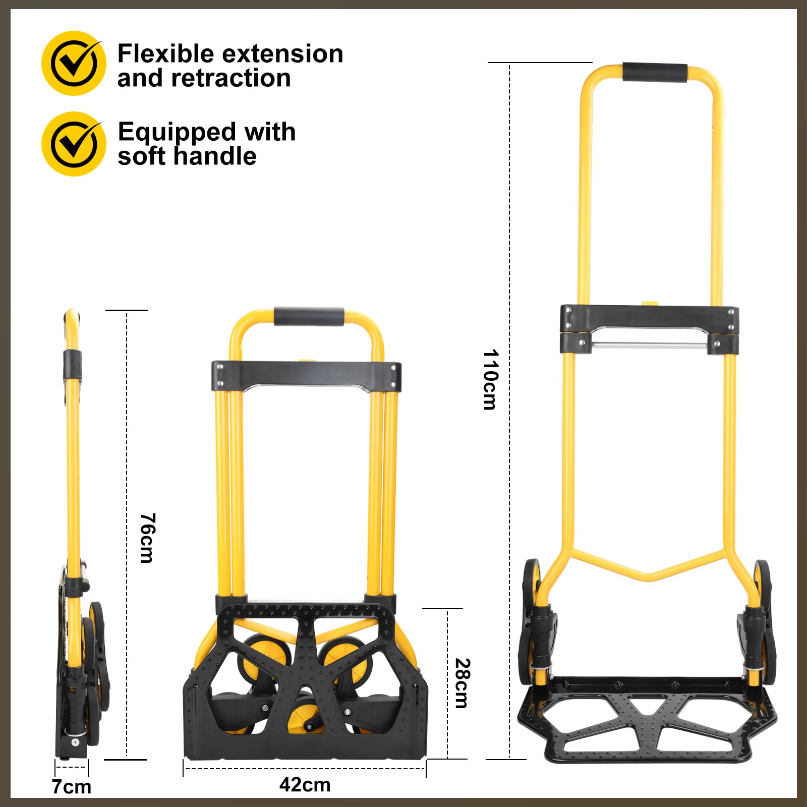 Alloy Steel Folding Trolley on Wheels, 50kg Heavy Duty Sack Truck, 110cm Extended Handle Sack Barrow, Multi-Purpose Dolly Trolley with Elasticated Rope, Stair Climbing Trolley-Office/Home/Garden - Very Good