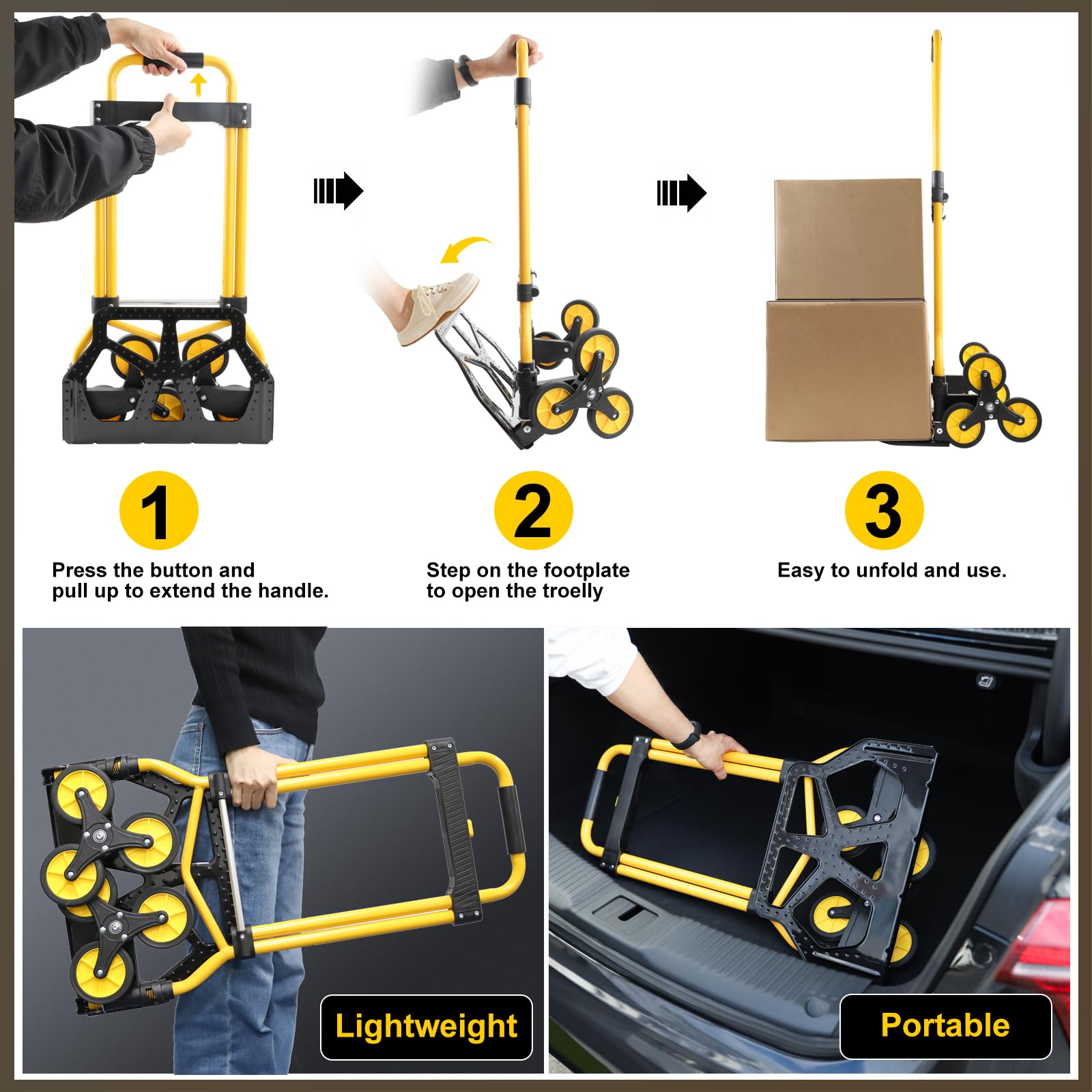 Alloy Steel Folding Trolley on Wheels, 50kg Heavy Duty Sack Truck, 110cm Extended Handle Sack Barrow, Multi-Purpose Dolly Trolley with Elasticated Rope, Stair Climbing Trolley-Office/Home/Garden - Very Good