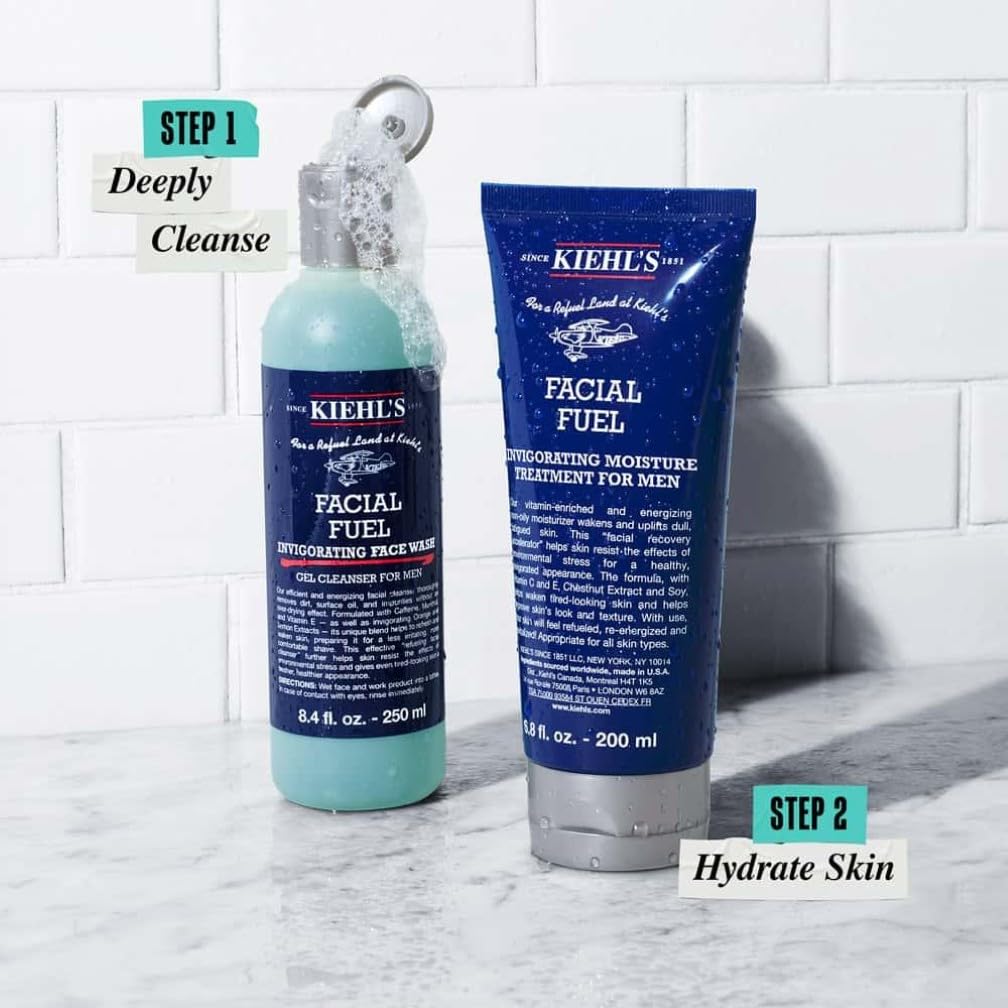 Kiehl's Men's Skincare Set - Refreshing Remedies Invigorating Facial Treatment, Wash 250ml & Moisturiser 200ml - Damaged Box