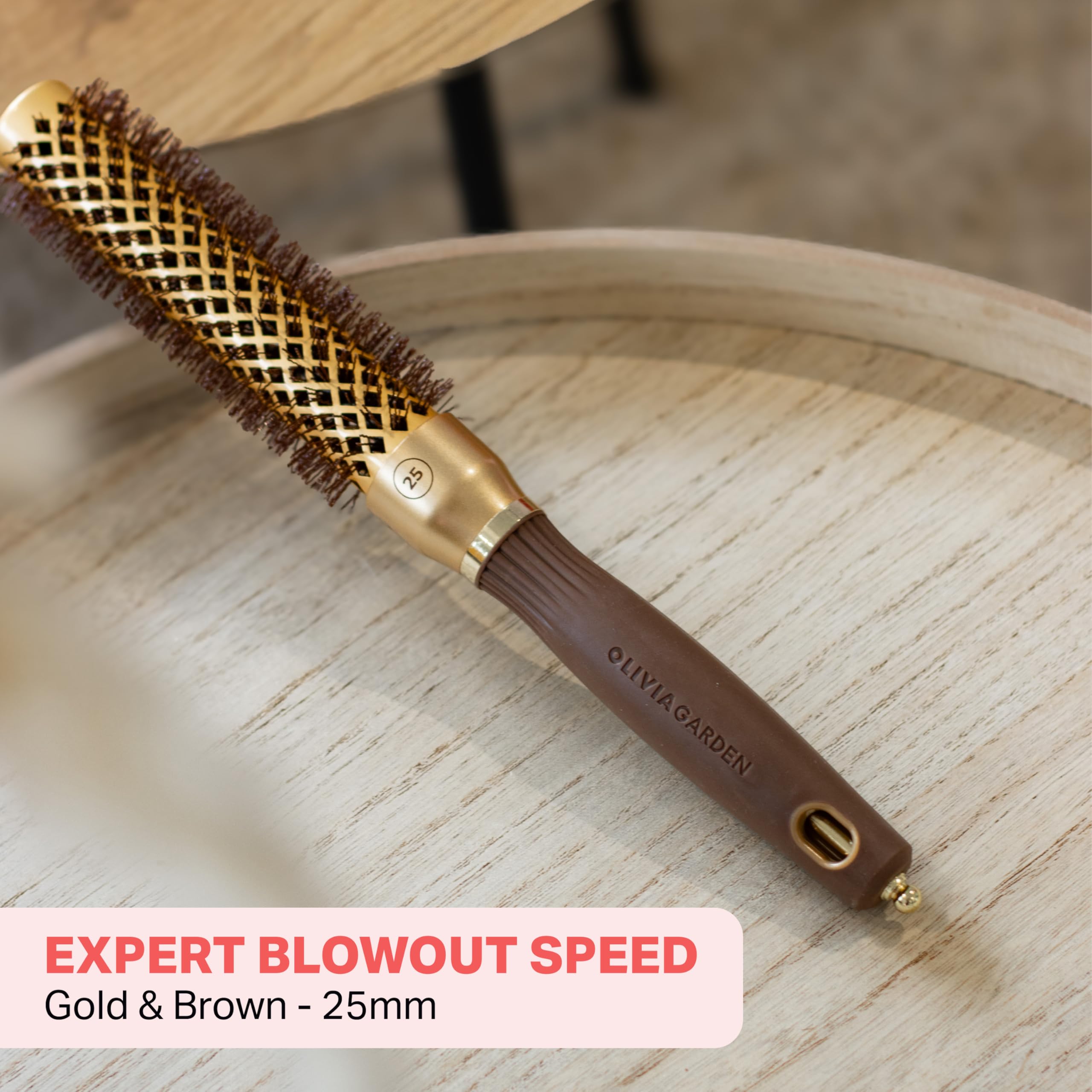 Olivia Garden Expert Blowout Speed - Gold & Brown - 25 - Ceramic Coated Round Brush with Extra Long Barrel for 25% Faster Blowouts - Damaged Box