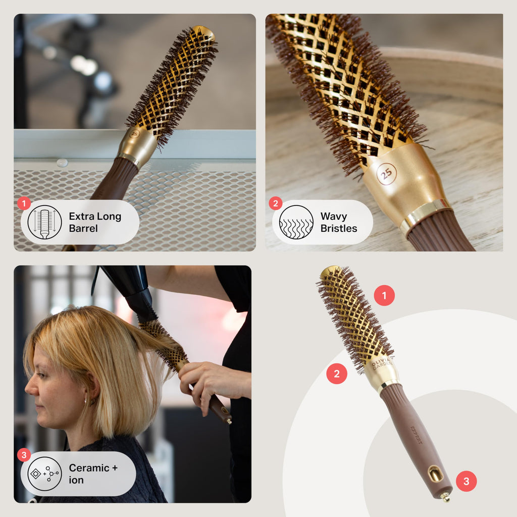 Olivia Garden Expert Blowout Speed - Gold & Brown - 25 - Ceramic Coated Round Brush with Extra Long Barrel for 25% Faster Blowouts - Damaged Box