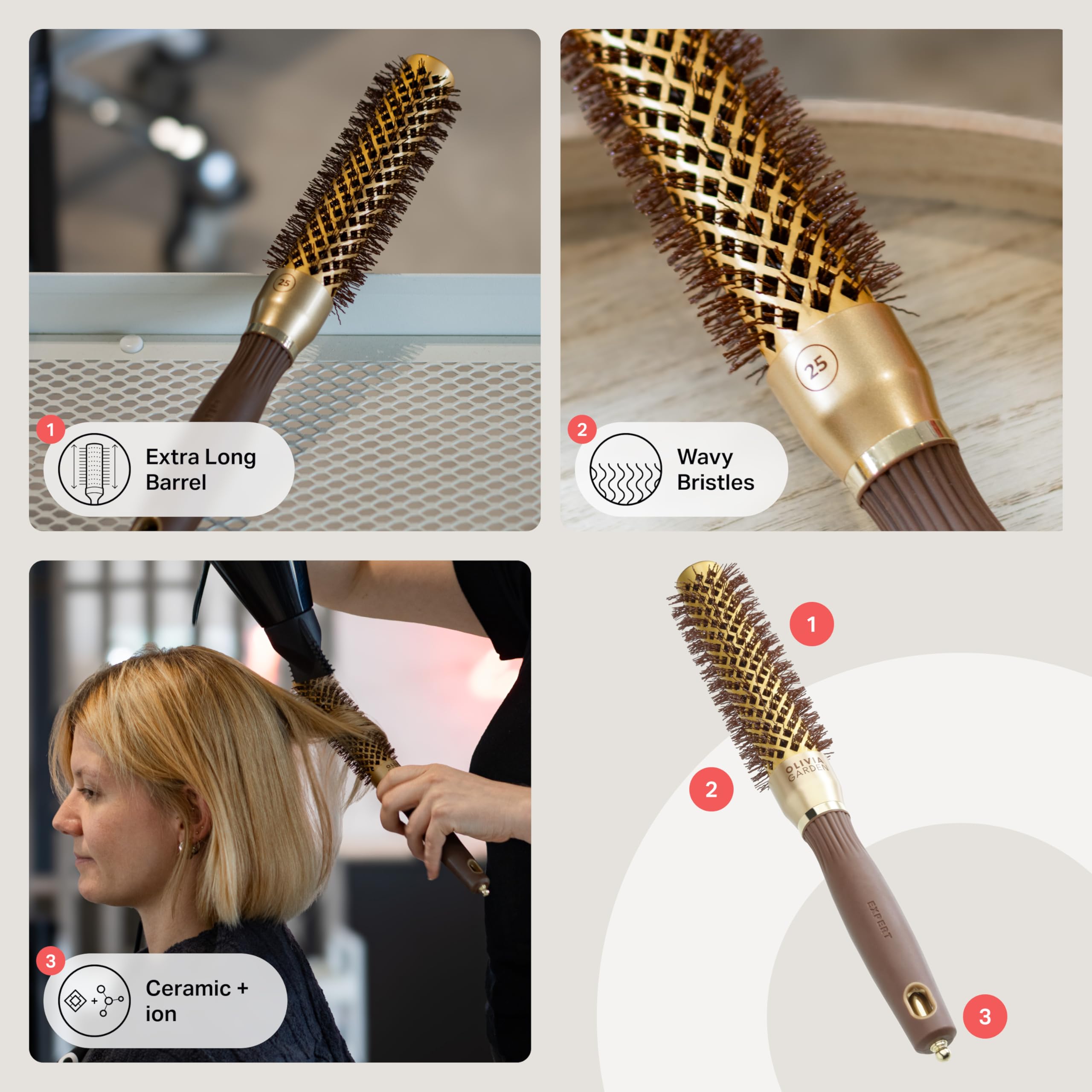 Olivia Garden Expert Blowout Speed - Gold & Brown - 25 - Ceramic Coated Round Brush with Extra Long Barrel for 25% Faster Blowouts - Damaged Box