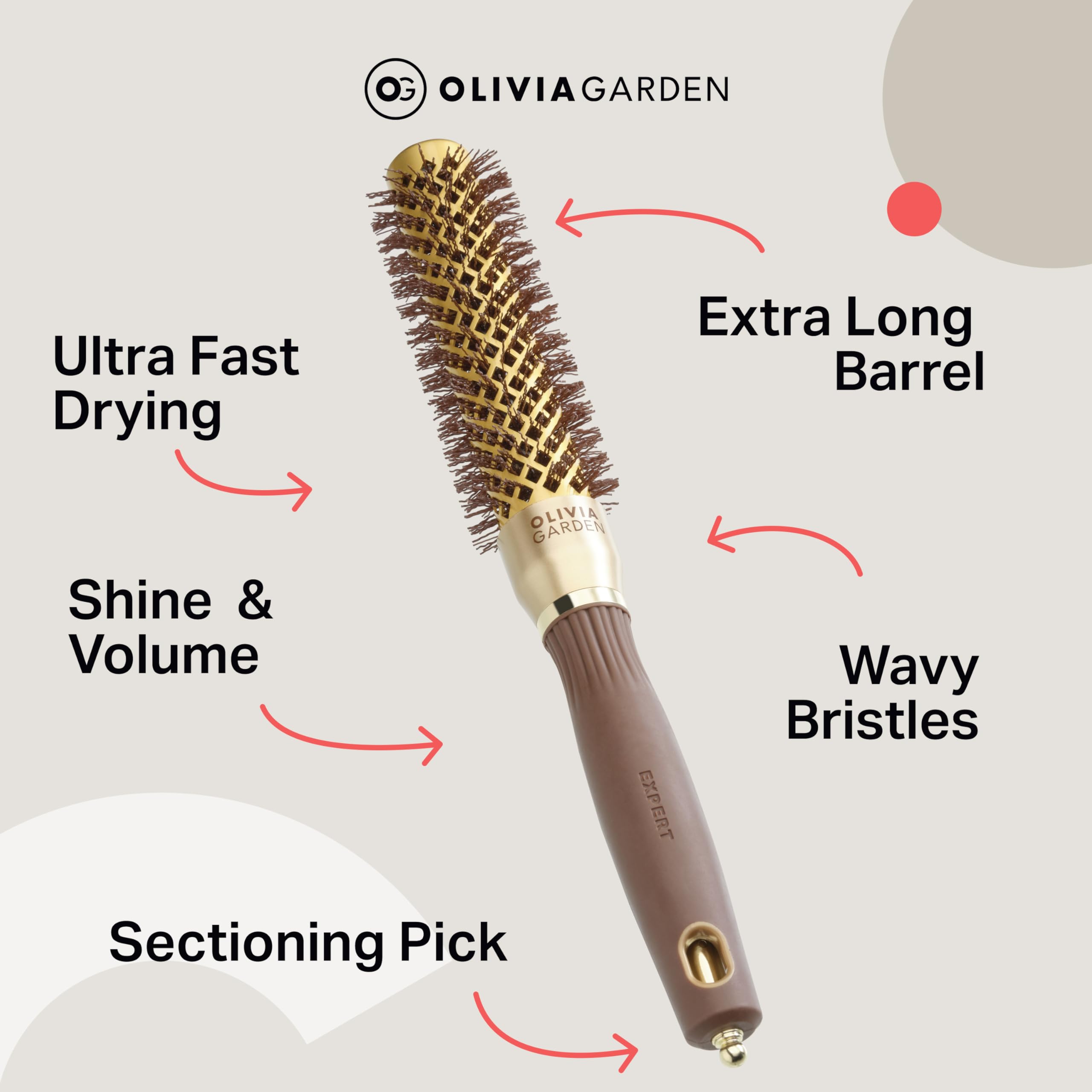 Olivia Garden Expert Blowout Speed - Gold & Brown - 25 - Ceramic Coated Round Brush with Extra Long Barrel for 25% Faster Blowouts - Damaged Box