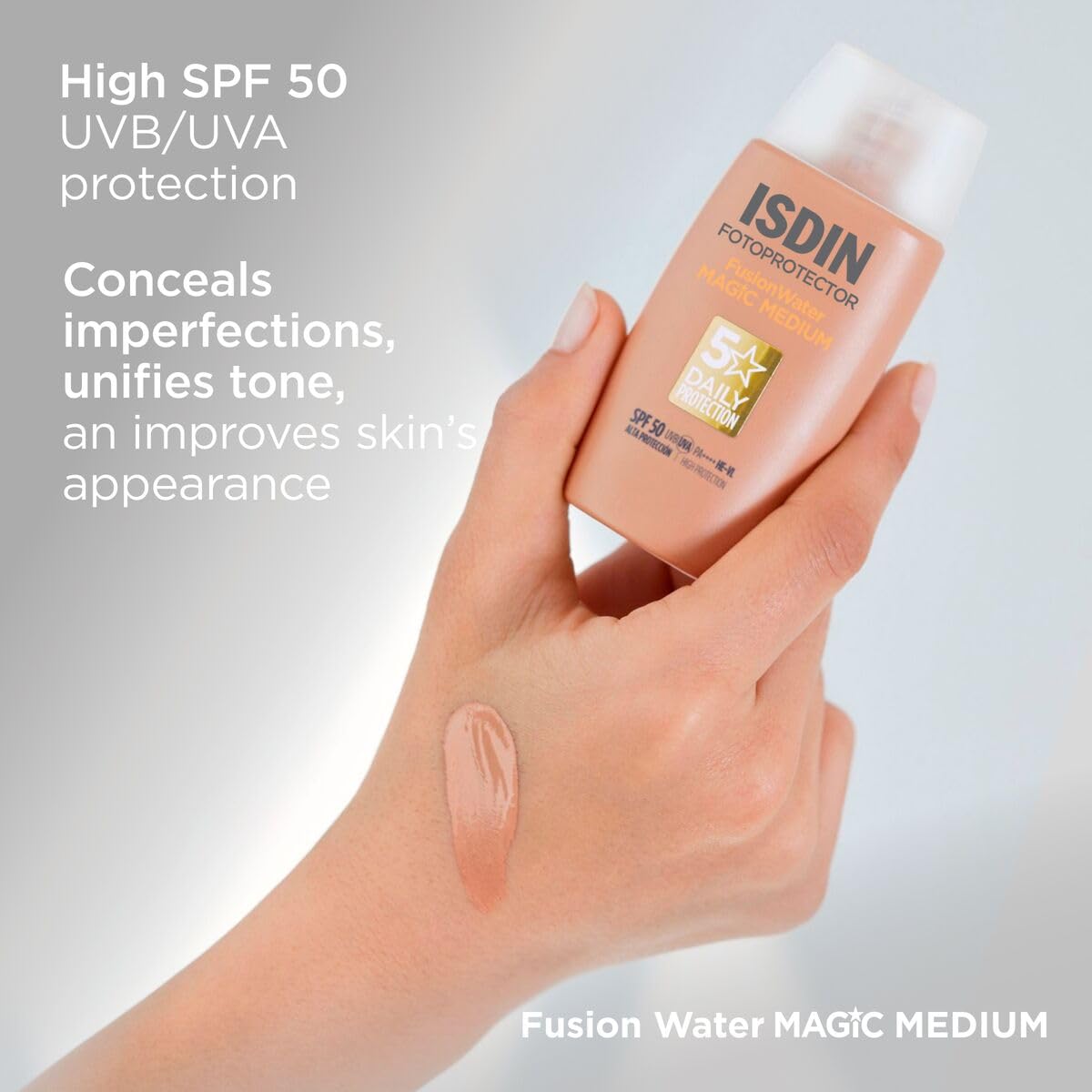 ISDIN Fusion Water MAGIC Color Medium SPF 50 Tinted Facial Sunscreen - Natural Coverage, Oil-Free, 50ml - Damaged Box