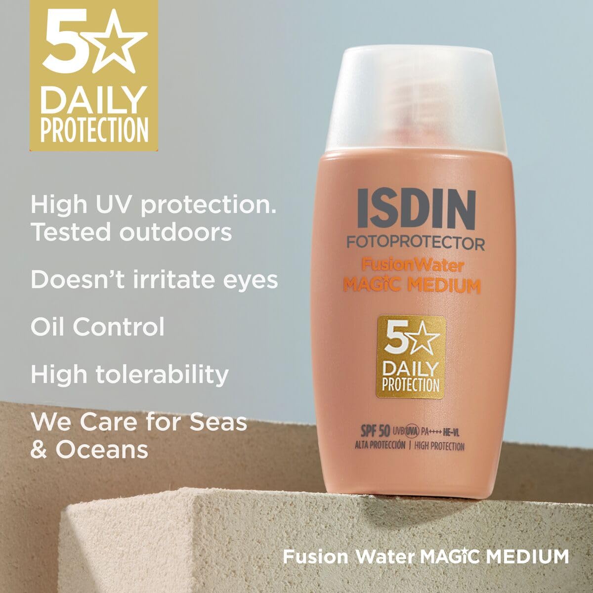 ISDIN Fusion Water MAGIC Color Medium SPF 50 Tinted Facial Sunscreen - Natural Coverage, Oil-Free, 50ml - Damaged Box