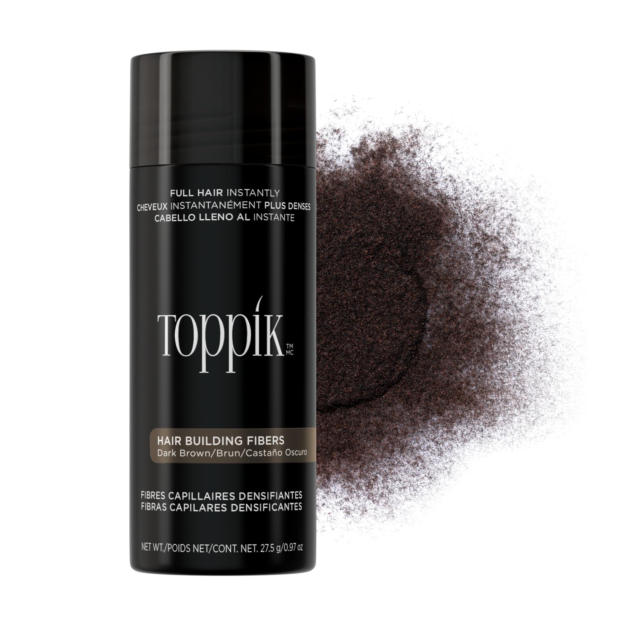 Toppik Hair Building Fibres Powder, Dark Brown, 27.5g Bottle - for A Thicker-looking Hairline, Crown and Beard, Instant Thinning Concealer for Men and Women