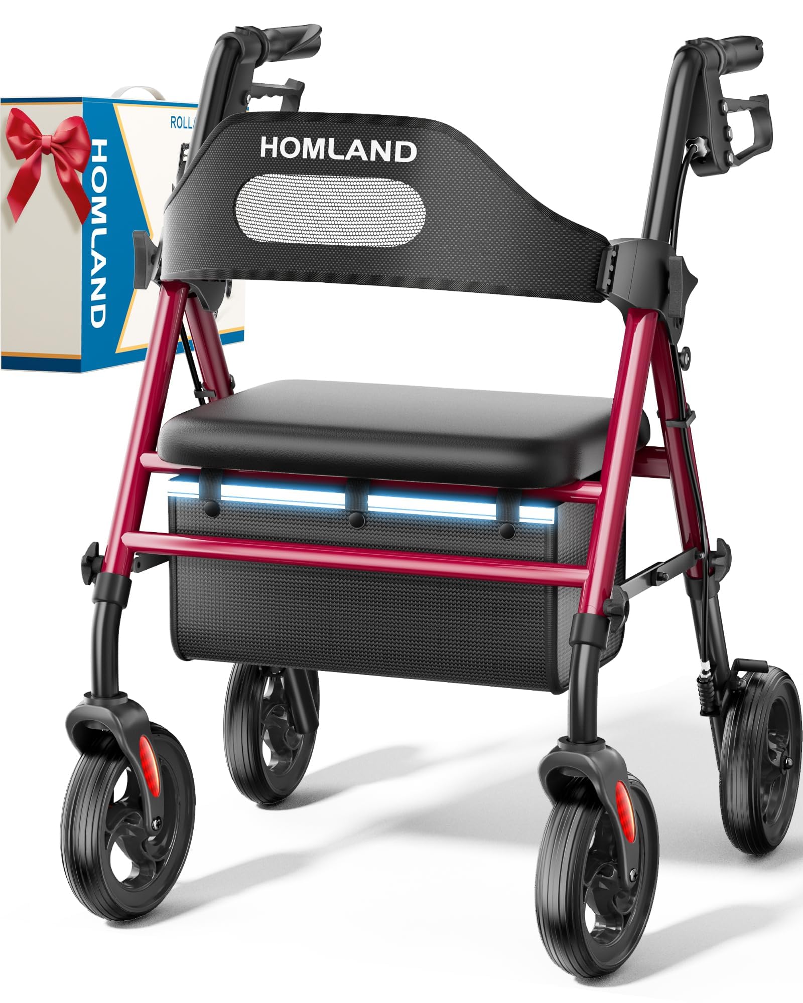 HOMLAND Foldable Rollator Walker with Seat, 8" Wheels, 350lb Capacity, Adjustable Height, Lightweight, Red - Like New
