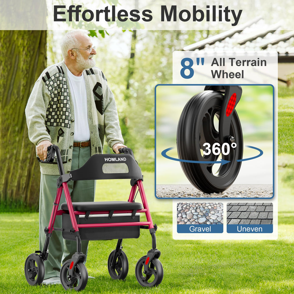 HOMLAND Foldable Rollator Walker with Seat, 8" Wheels, 350lb Capacity, Adjustable Height, Lightweight, Red - Like New