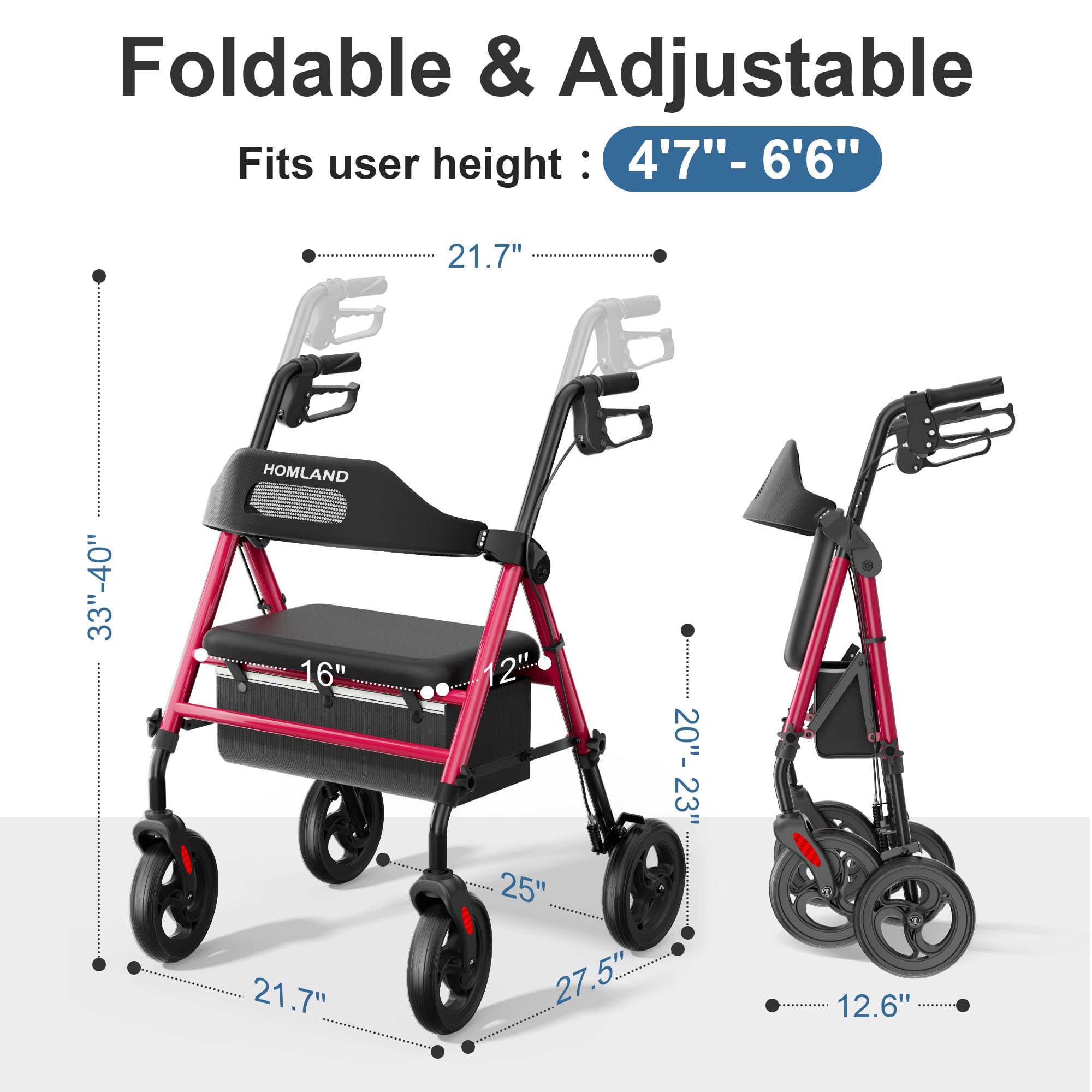 HOMLAND Foldable Rollator Walker with Seat, 8" Wheels, 350lb Capacity, Adjustable Height, Lightweight, Red - Like New