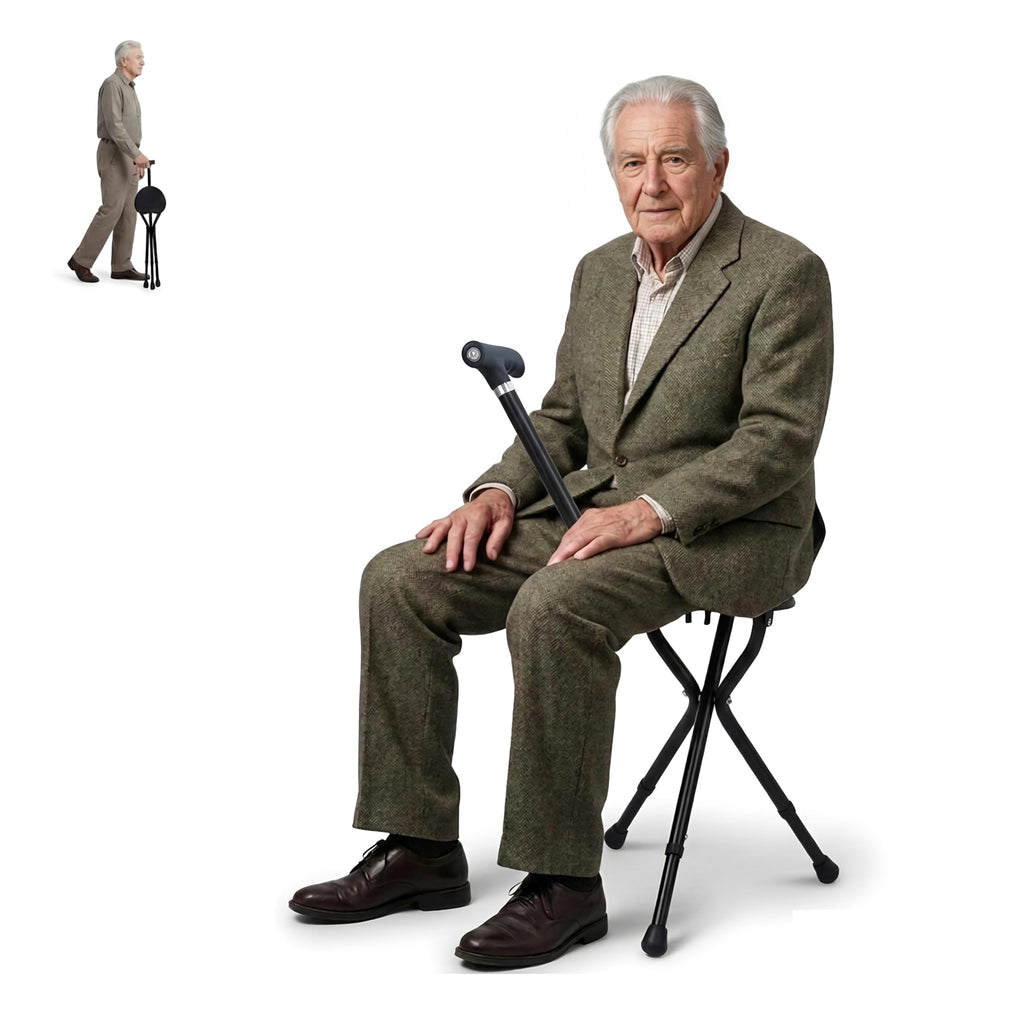 Aidapt Lightweight Folding Walking Stick with Seat - Comfortable, Portable Mobility Aid - Durable Aluminum, Foam Handle, Non-Slip Feet - 100kg Max Weight - Damaged Box