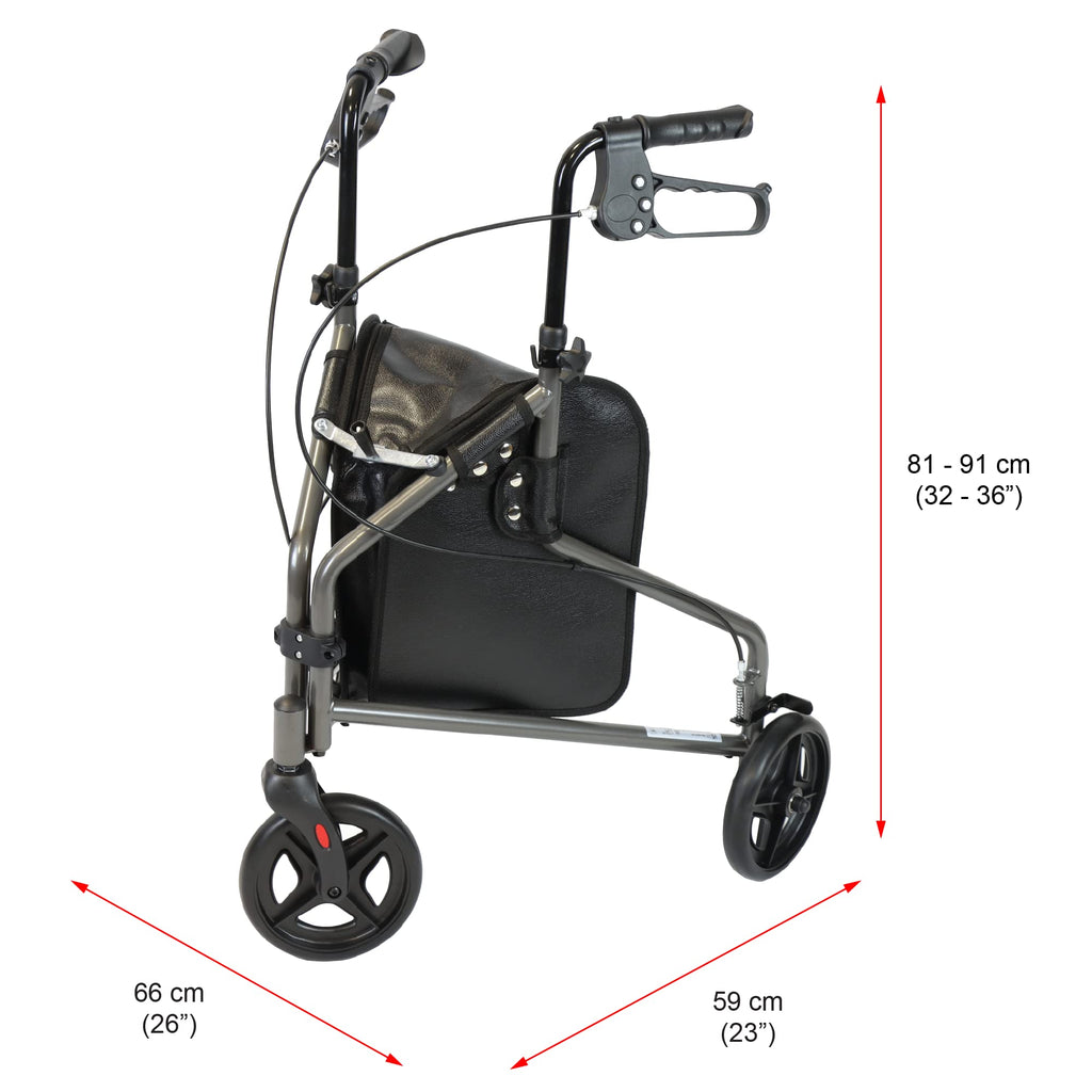 NRS Healthcare 3 Wheel Steel Rollator Walking Aid - Folding, Height Adjustable, Lockable Brakes, Grey with Bag - Damaged Box