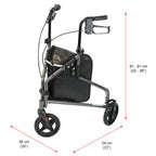 NRS Healthcare 3 Wheel Steel Rollator Walking Aid - Folding, Height Adjustable, Lockable Brakes, Grey with Bag - Damaged Box