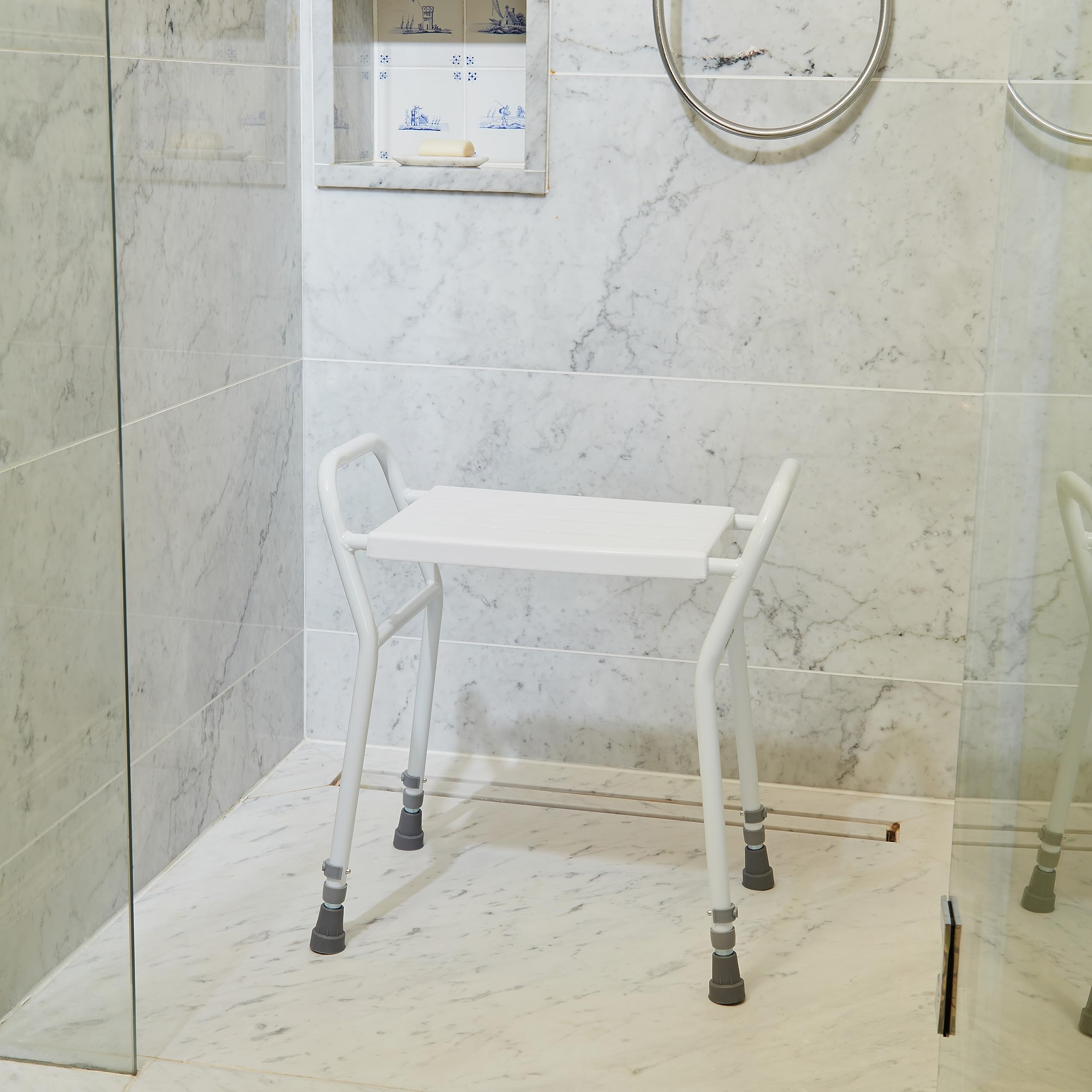 NRS Healthcare Shower Stool with Handles - Adjustable Height, Non-Slip, White - Bathroom Aid for Elderly & Disabled - Very Good
